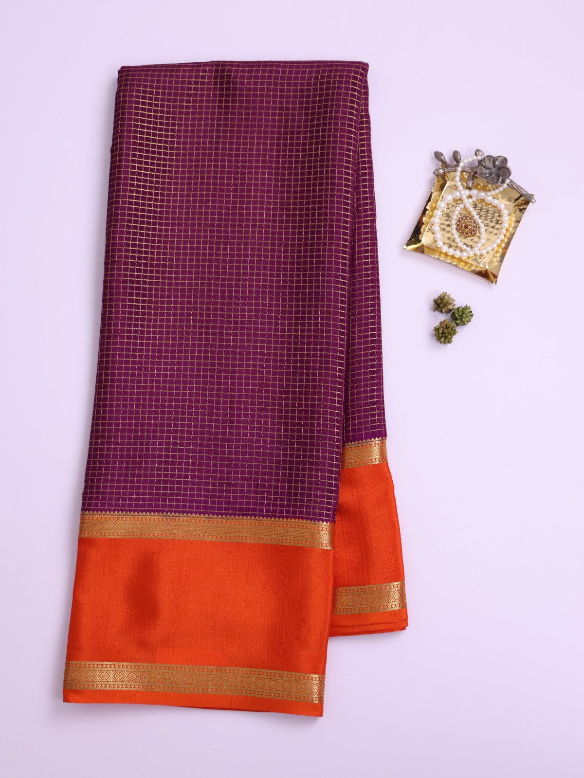 Violet Zari Checked Mysore Silk Saree With Orange Border
