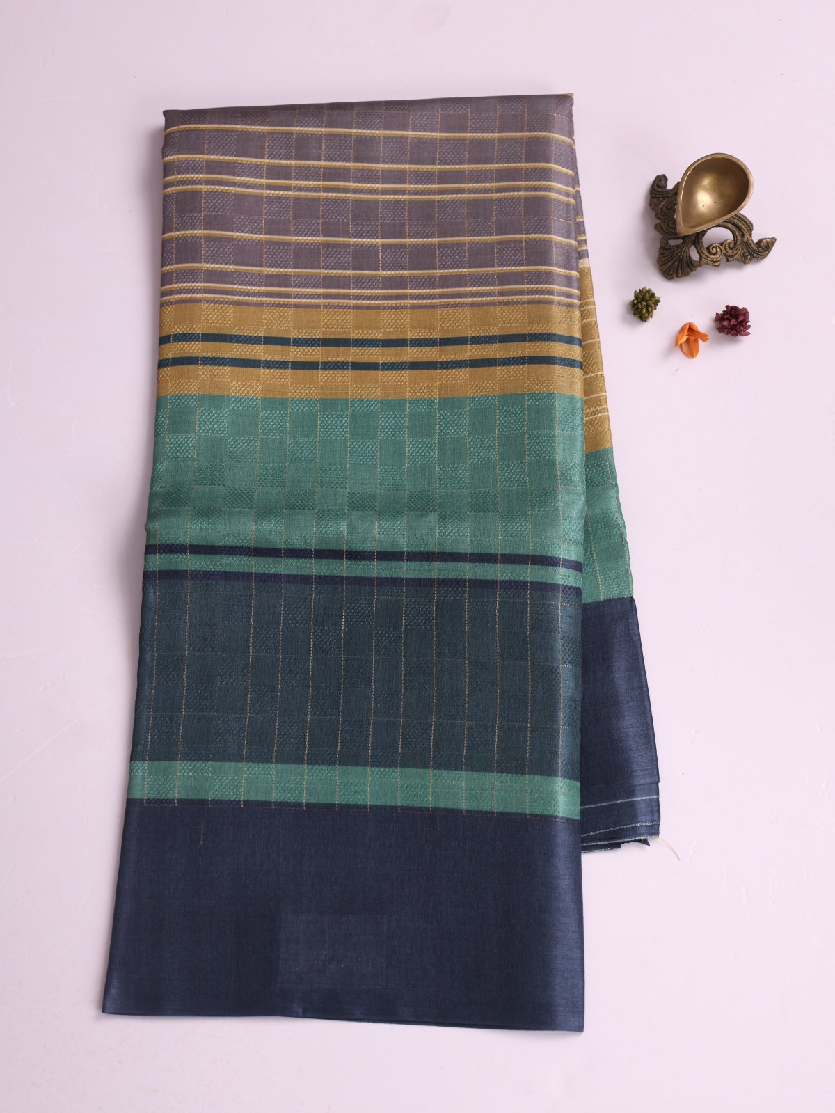 Multi Color Zari Checked Printed Tussar Silk Saree With Blue Border 