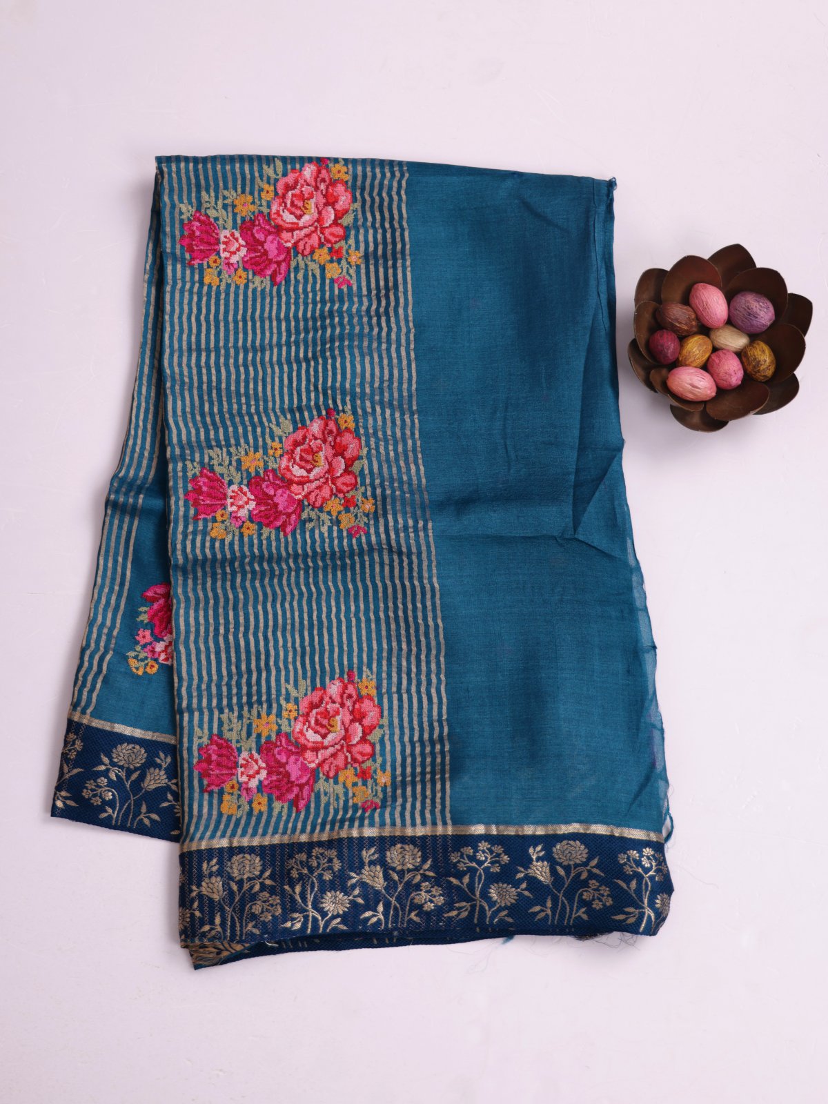 Peacock Blue Tussar Silk Saree With Cross-Stitch Embroidery