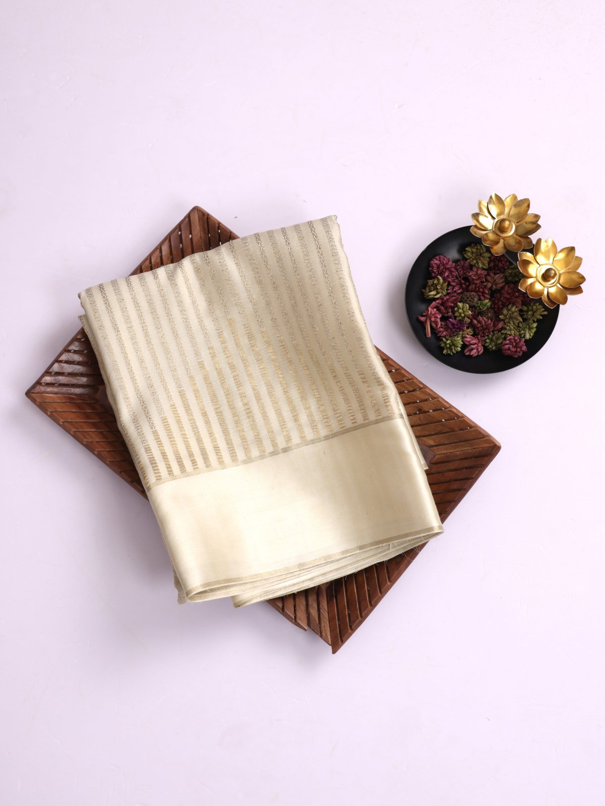 Cream Zari Striped Mysore Silk Saree With Satin Border