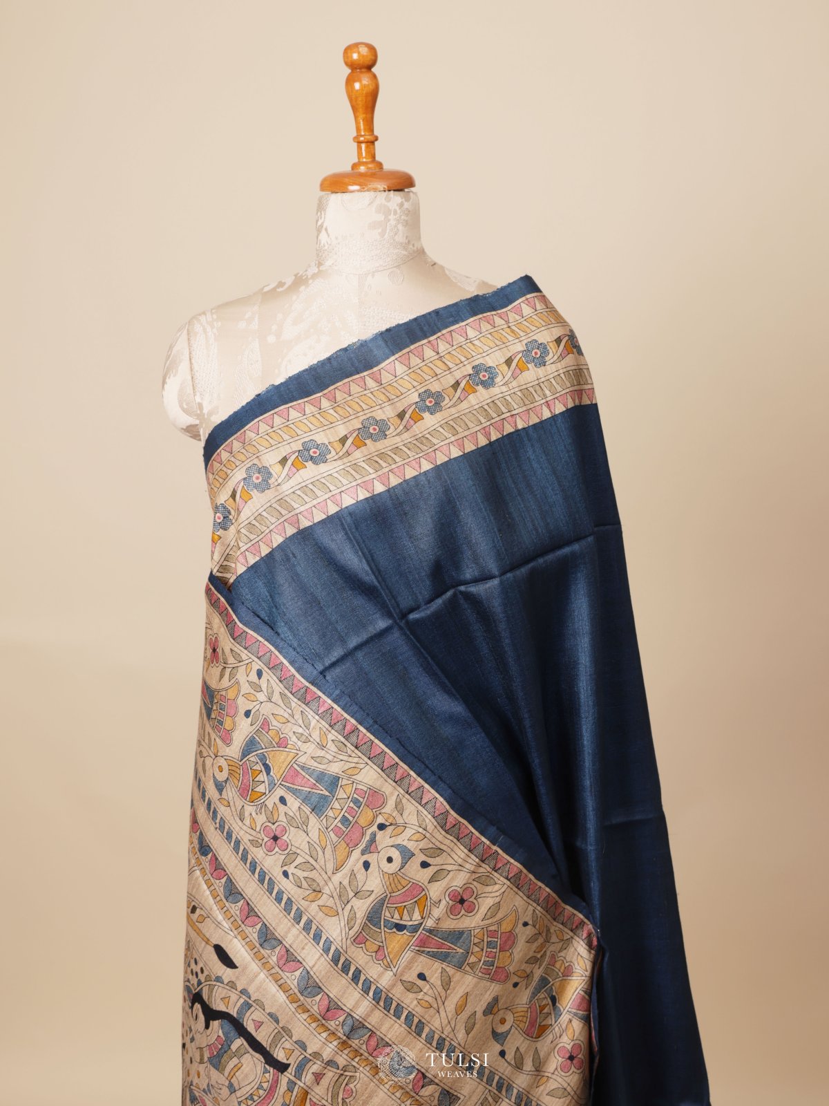 Blue Tussar Silk Saree With Madhubani Print