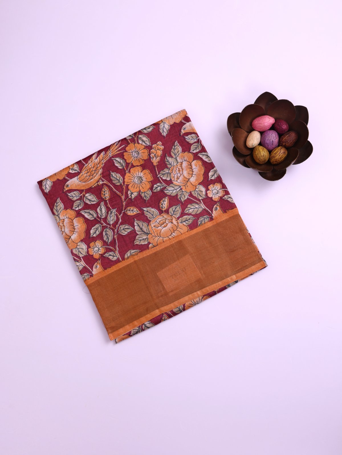 Dark Maroon Printed Tussar Silk Saree with Burnt Orange Border