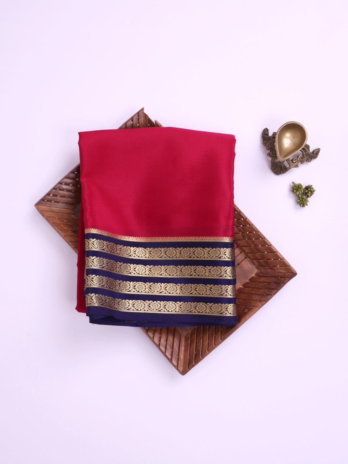 Reddish Pink Mysore Silk Saree with Dark Navy Blue Zari Border