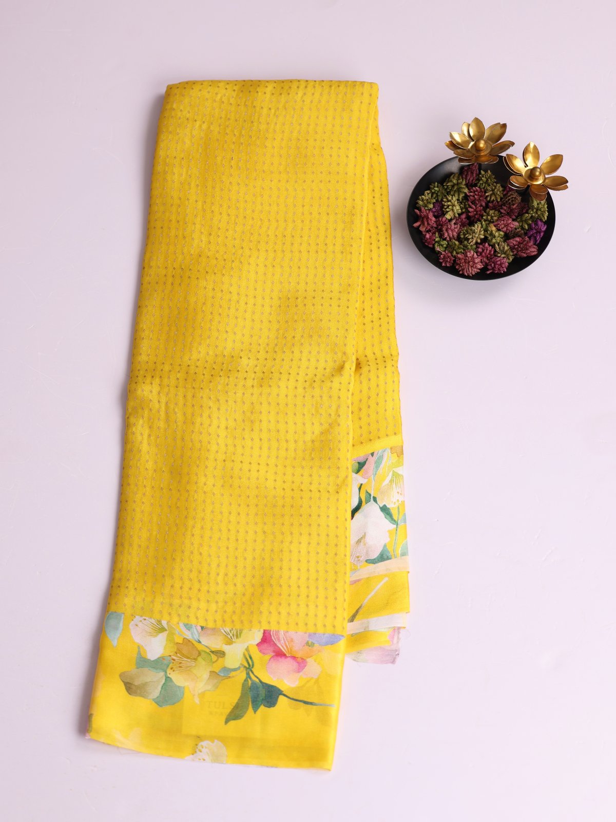 Yellow Crepe Silk Saree with Printed Satin Border