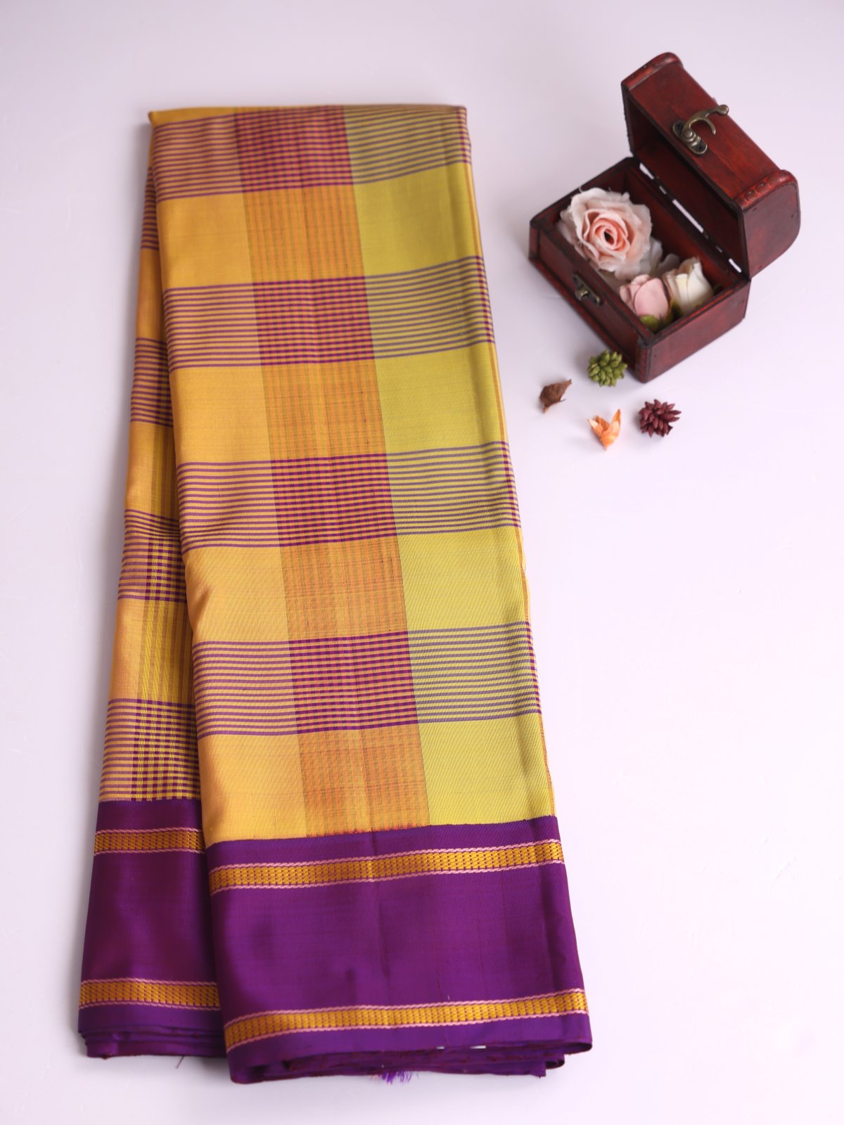 Multi Color Checked Kanjeevaram Pattu Pettu Silk Saree with Purple Border