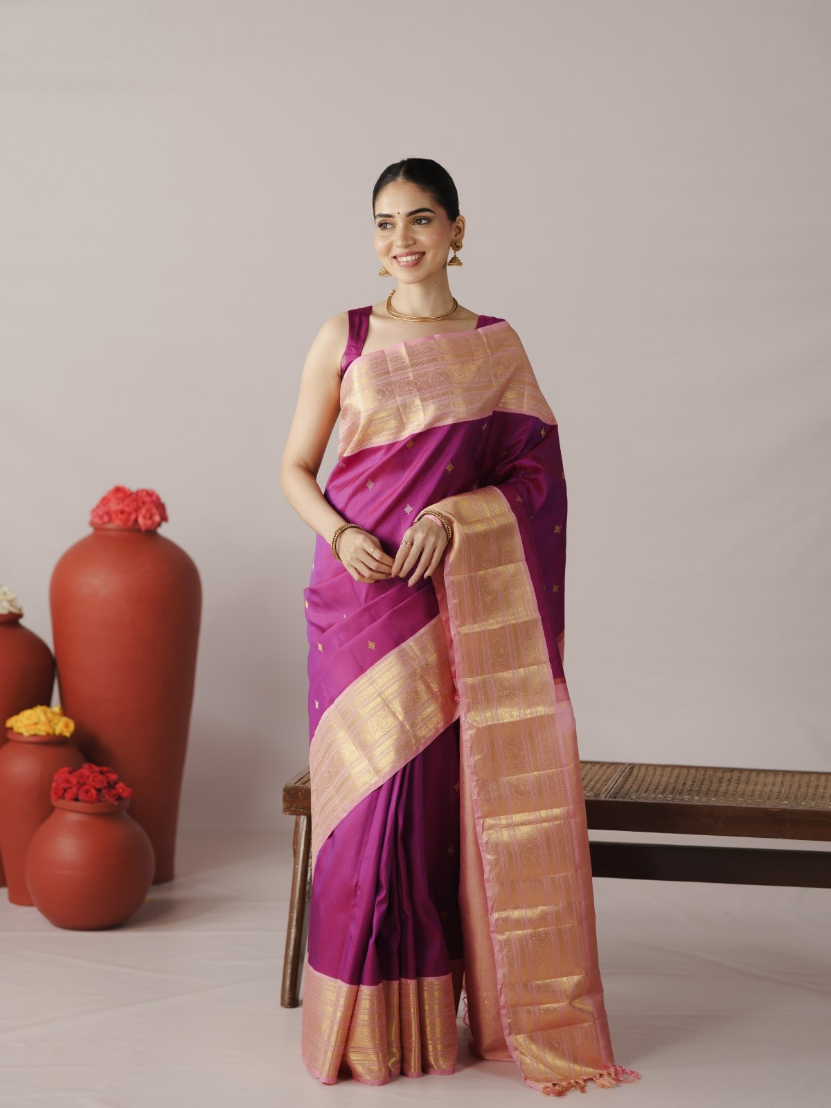 Magenta Kanjeevaram Silk Saree with Baby Pink Border