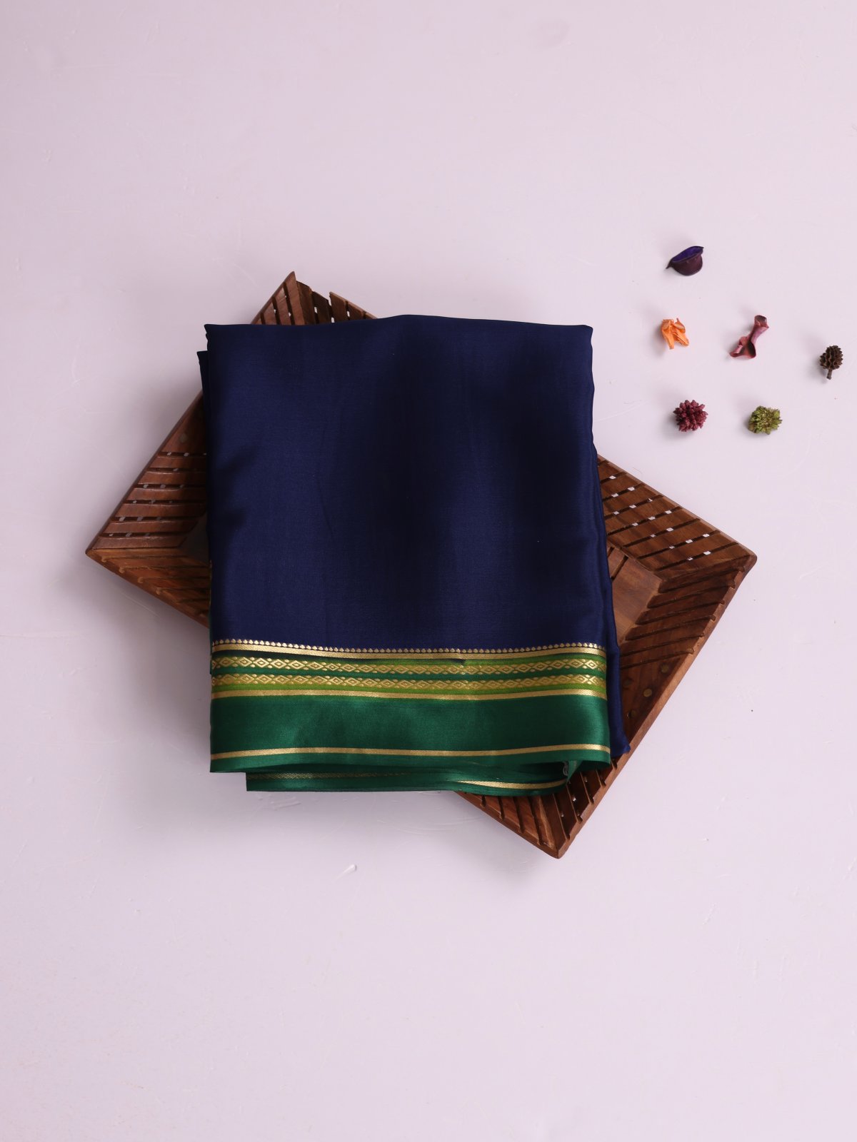 Navy Blue Mysore Silk Saree With Dark Green Satin Border