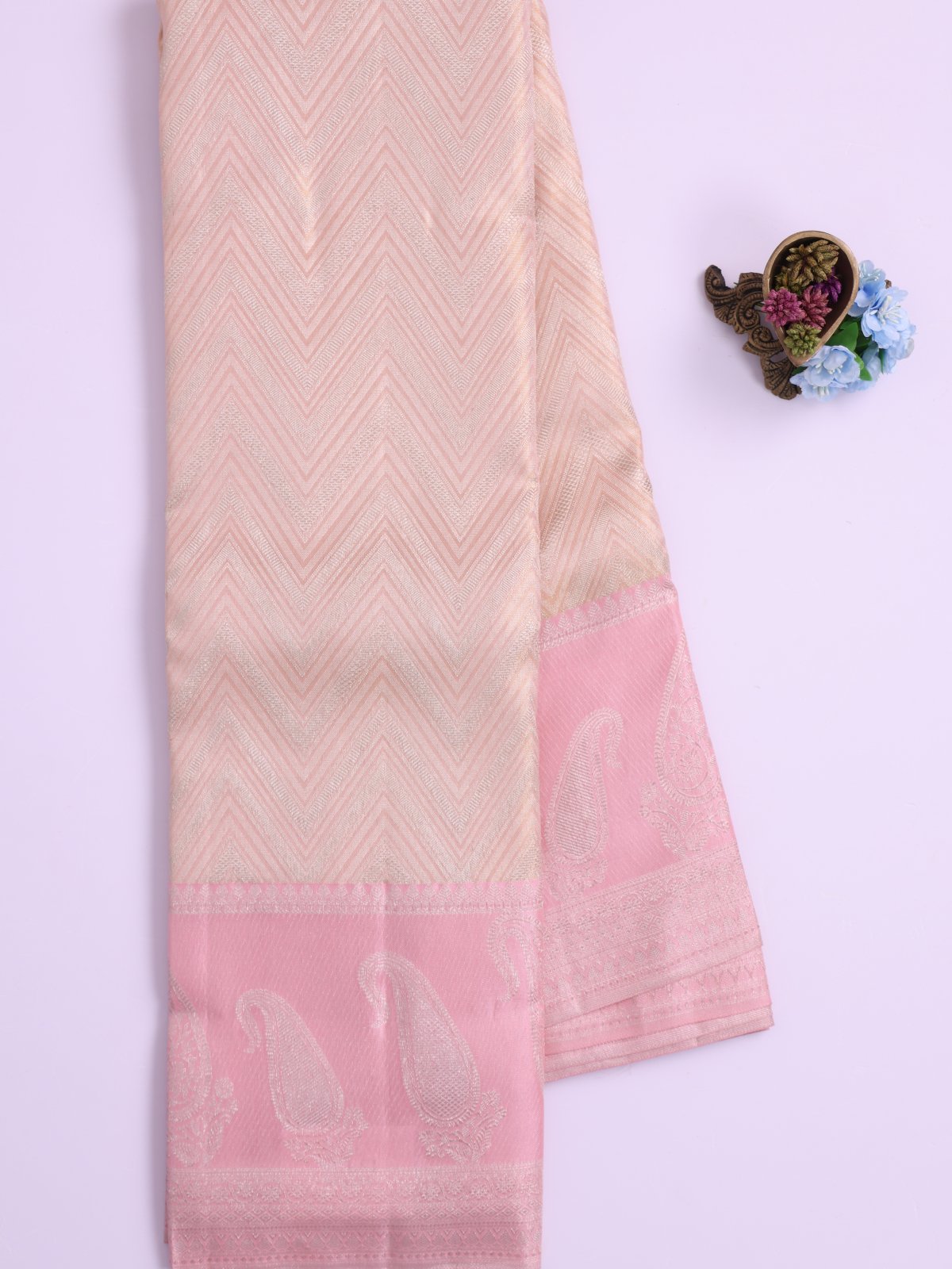 Baby Pink Tissue Brocade Kanjeevaram Silk Saree With Light Dusty Pink Border