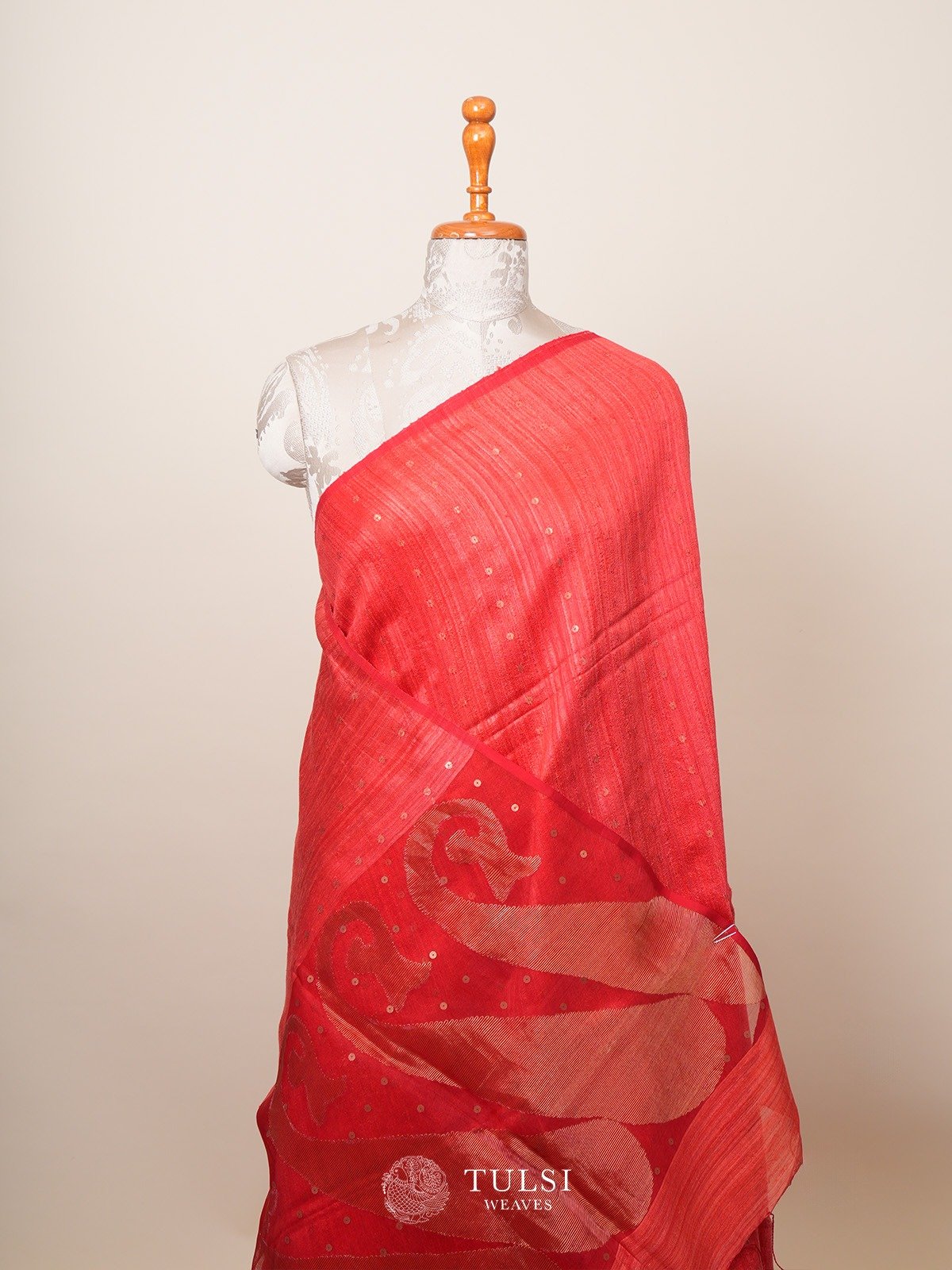  Reddish Orange Woven Tussar Silk Saree