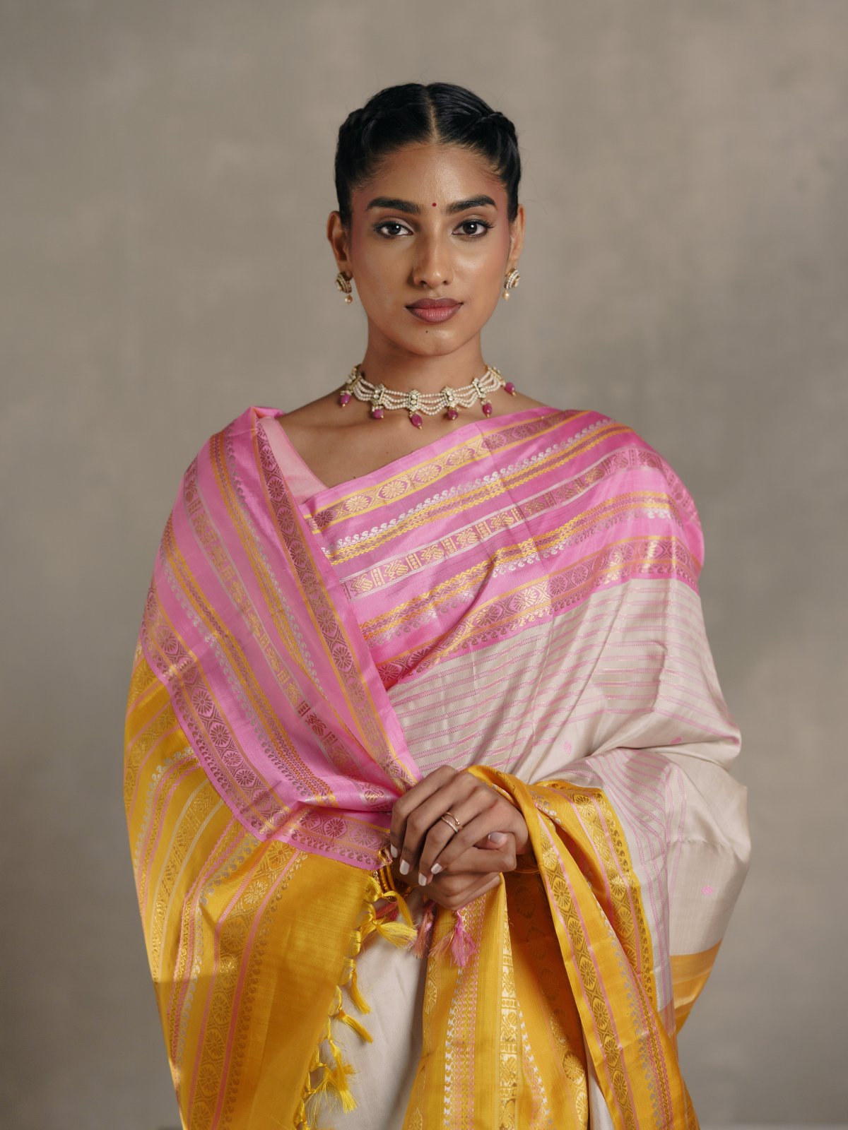 Crafted 1 - Light Biege Kanjeevaram Silk Saree With Ganga Jamuna Border