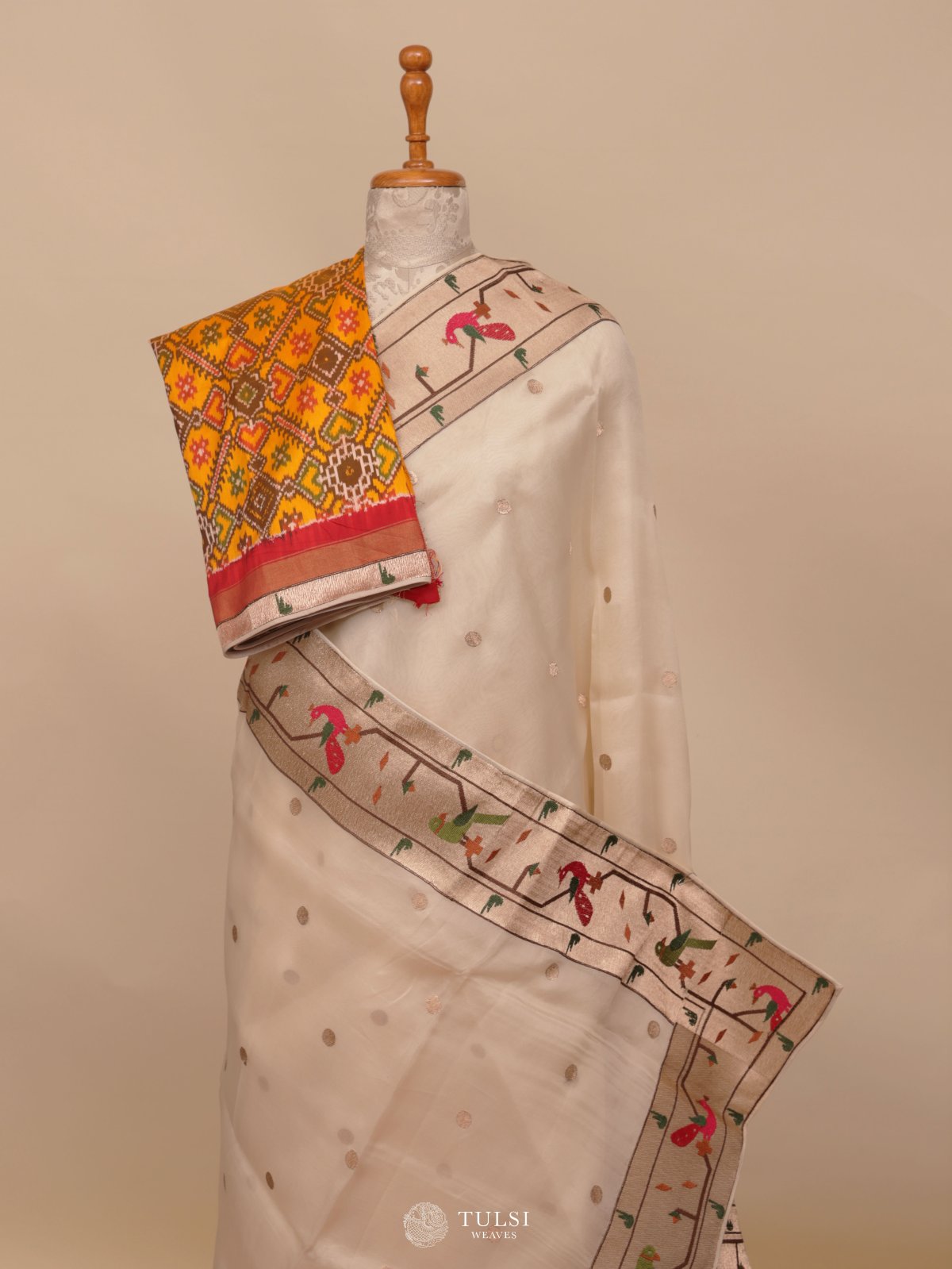 Off White Organza Saree Paithani Border With Ikat Blouse 