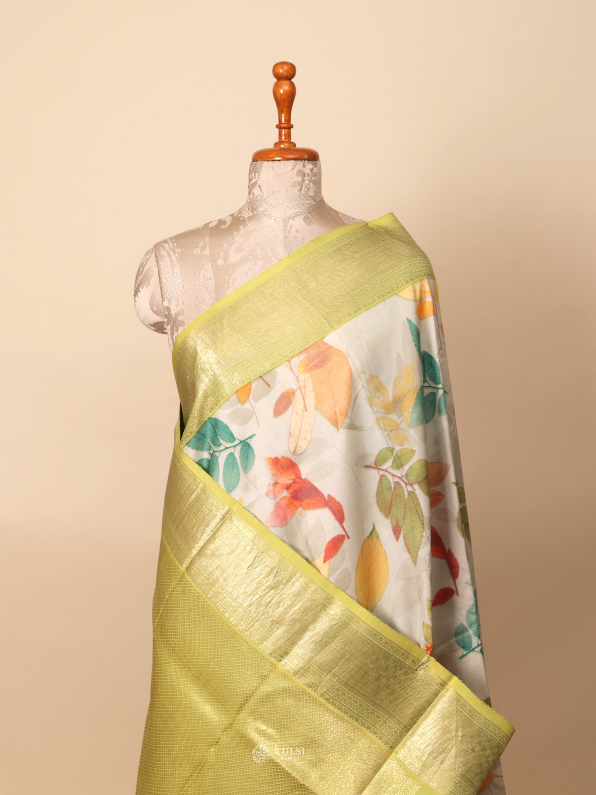 Greyish Blue Printed Kanjeevaram Silk Saree