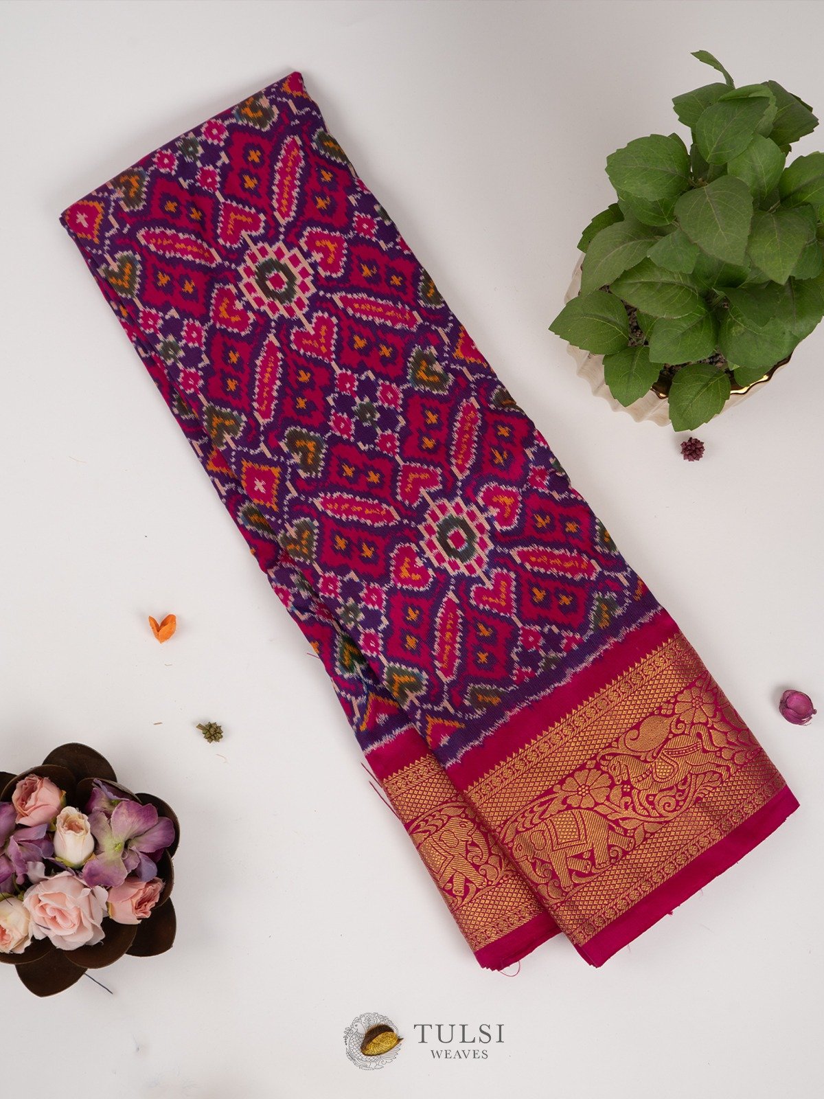 Violet Ikat Silk Saree with Rani Pink Zari Border