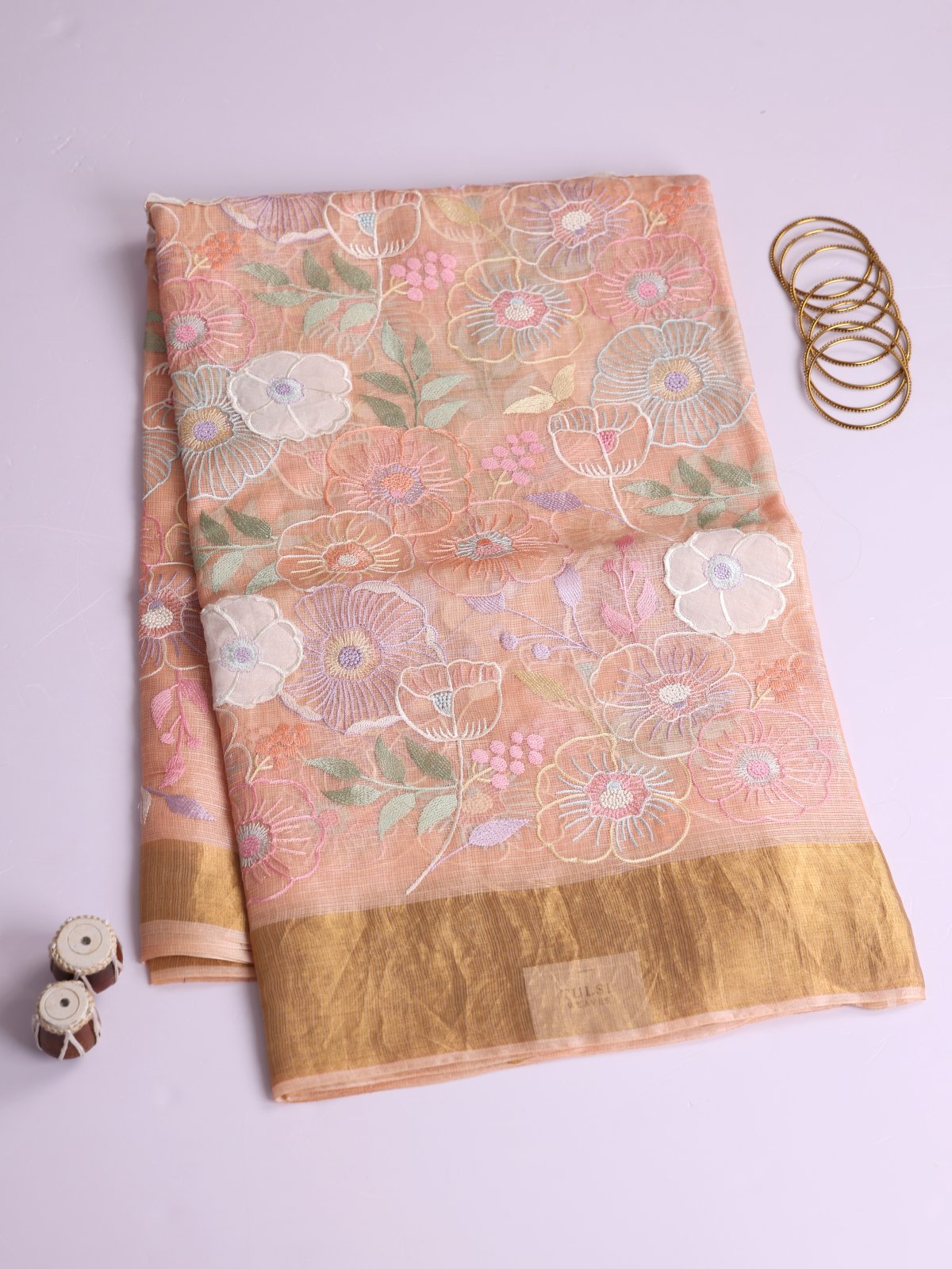 Light Peach Kota Silk Saree With Applique Work
