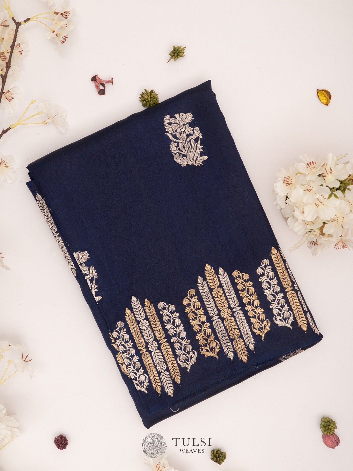 Blue Banarasi Silk Saree with gold and silver zari detailing