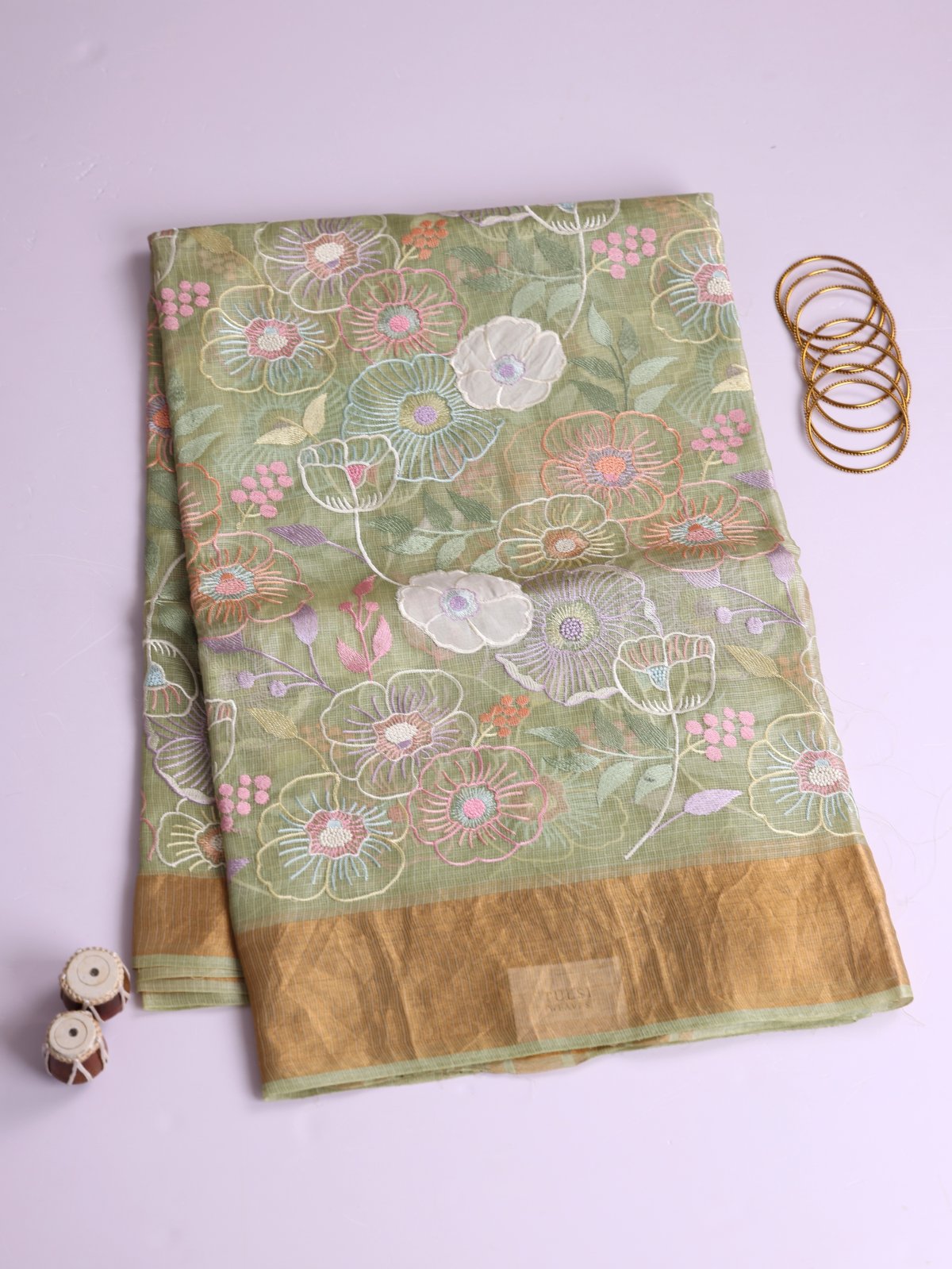 Light Green Kota Silk Saree With Applique Work