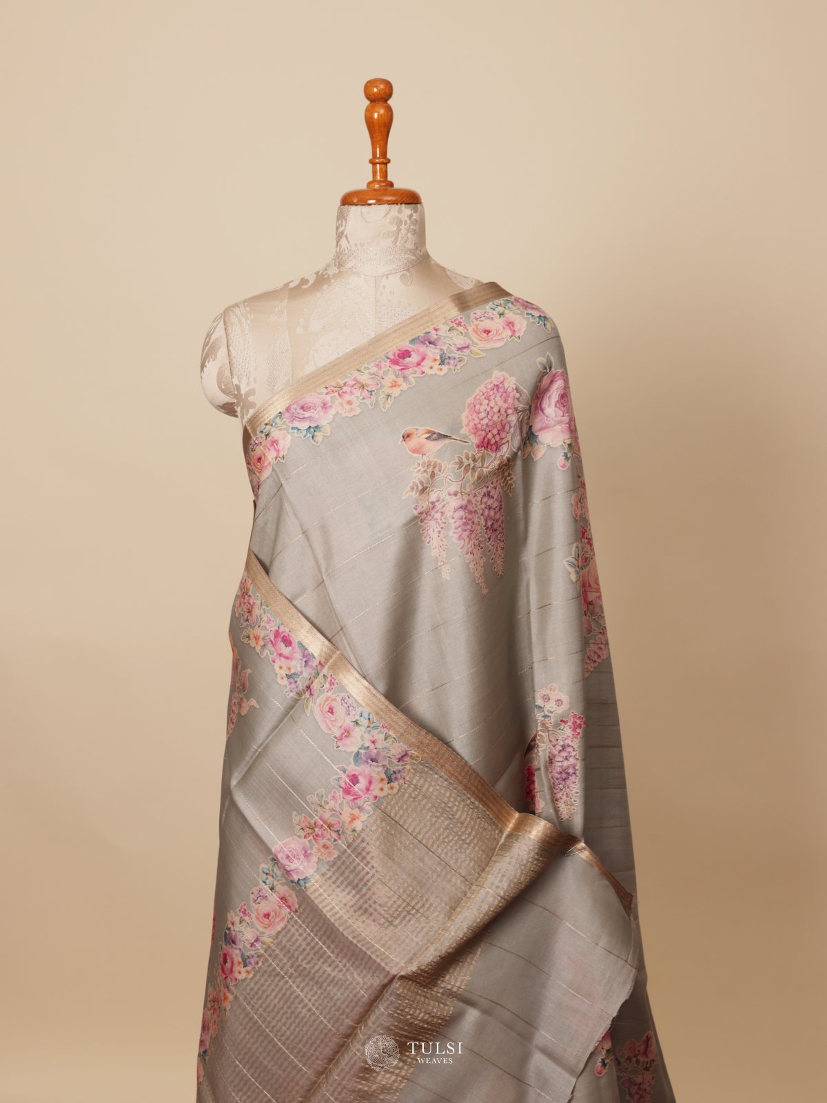 Grey Printed Tussar Silk Saree