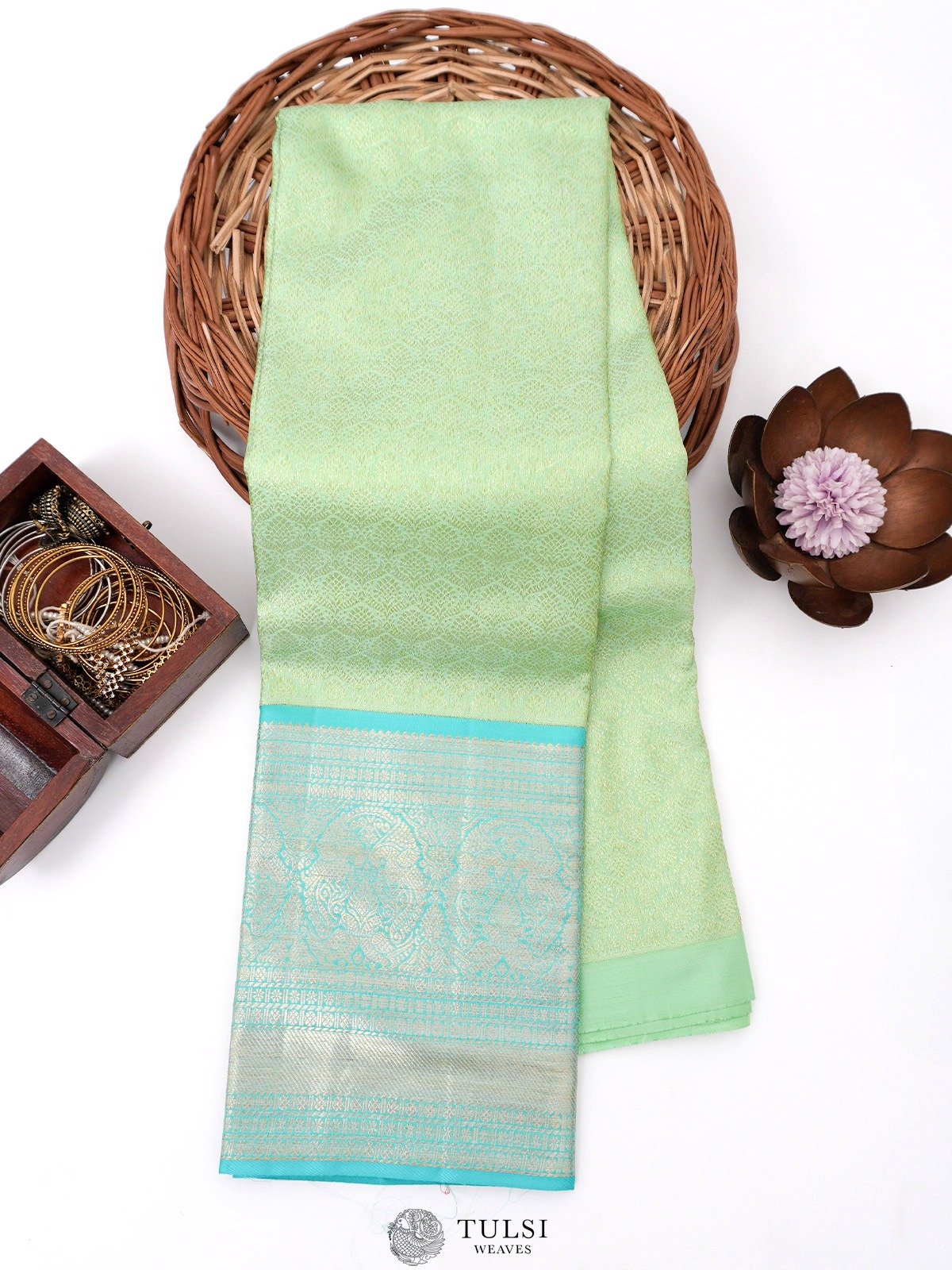 Mint Green Kanjeevaram Silk Pavadai with Aqua Blue Border