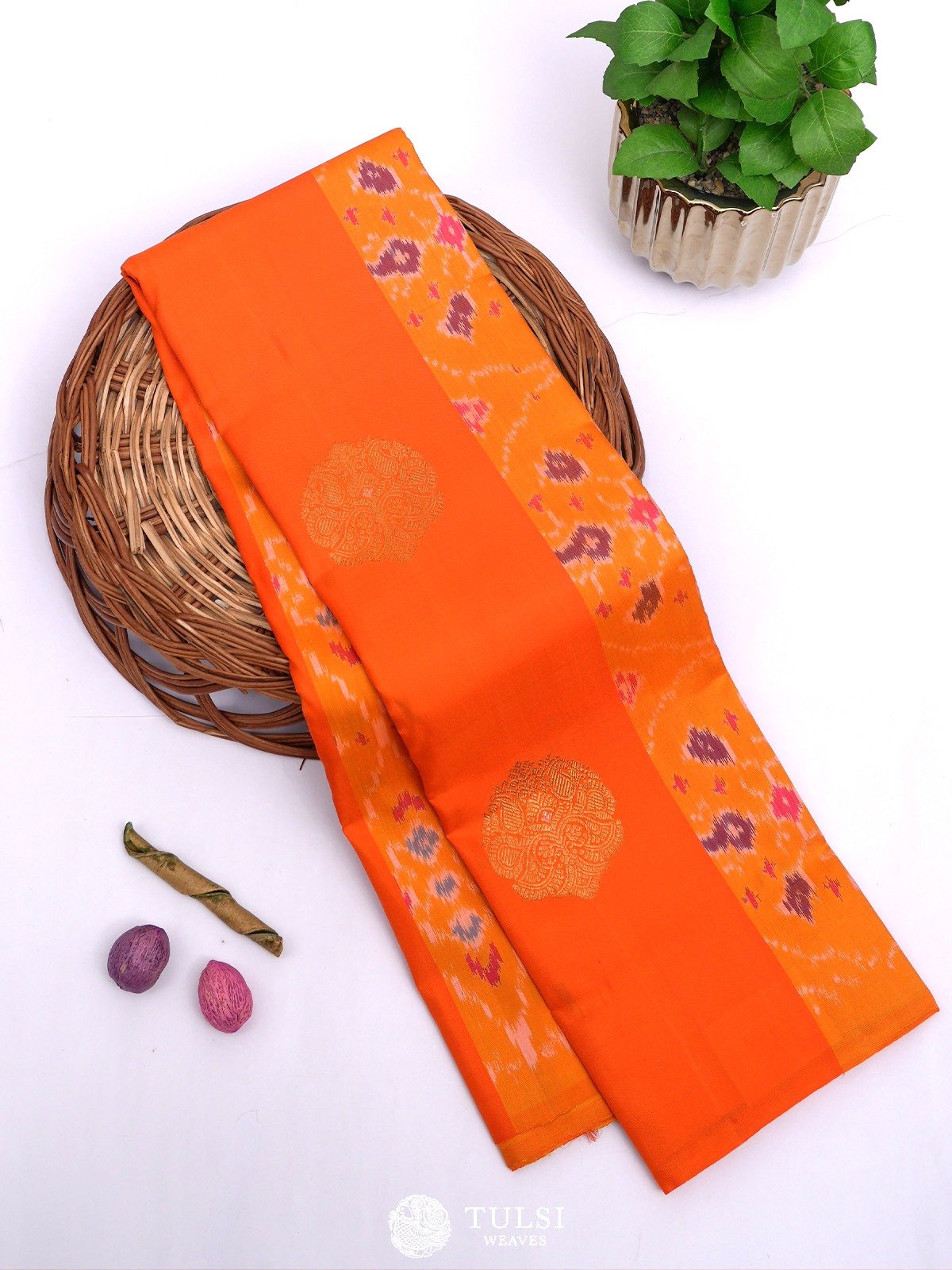 Orange Kanjeevaram Ikat Silk Saree