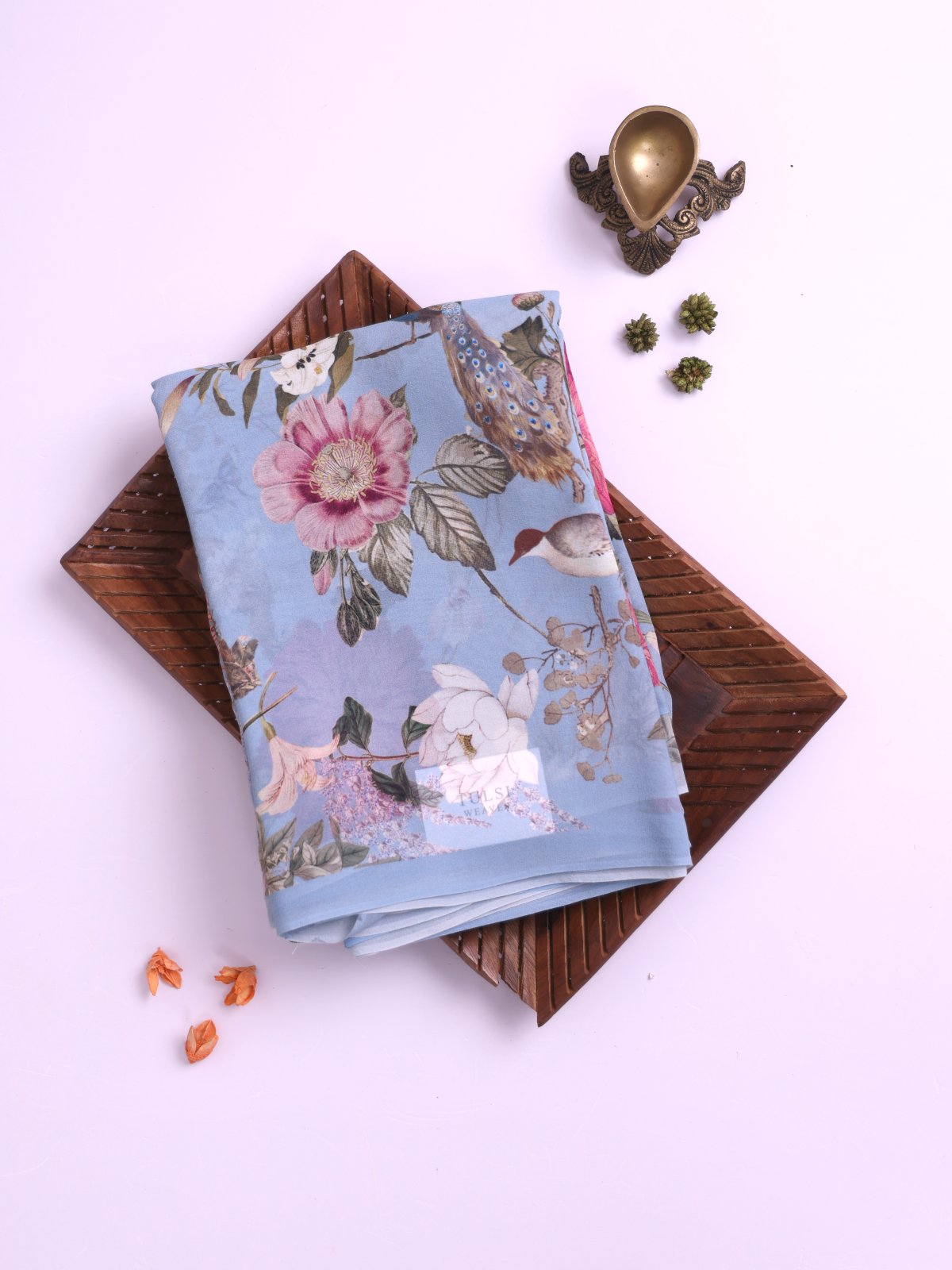 Light Greyish Blue Floral Printed Georgette Silk Saree