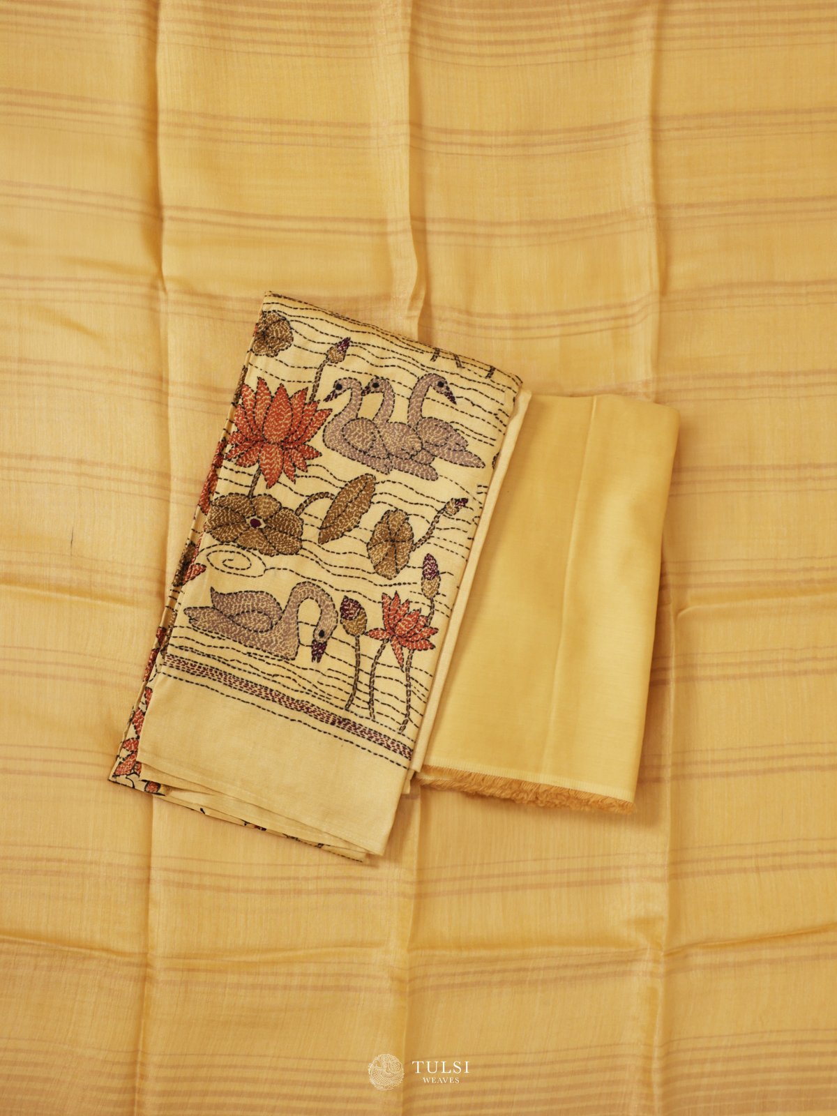 Dark Cream Tussar Salwar Material With Kantha Embroidery