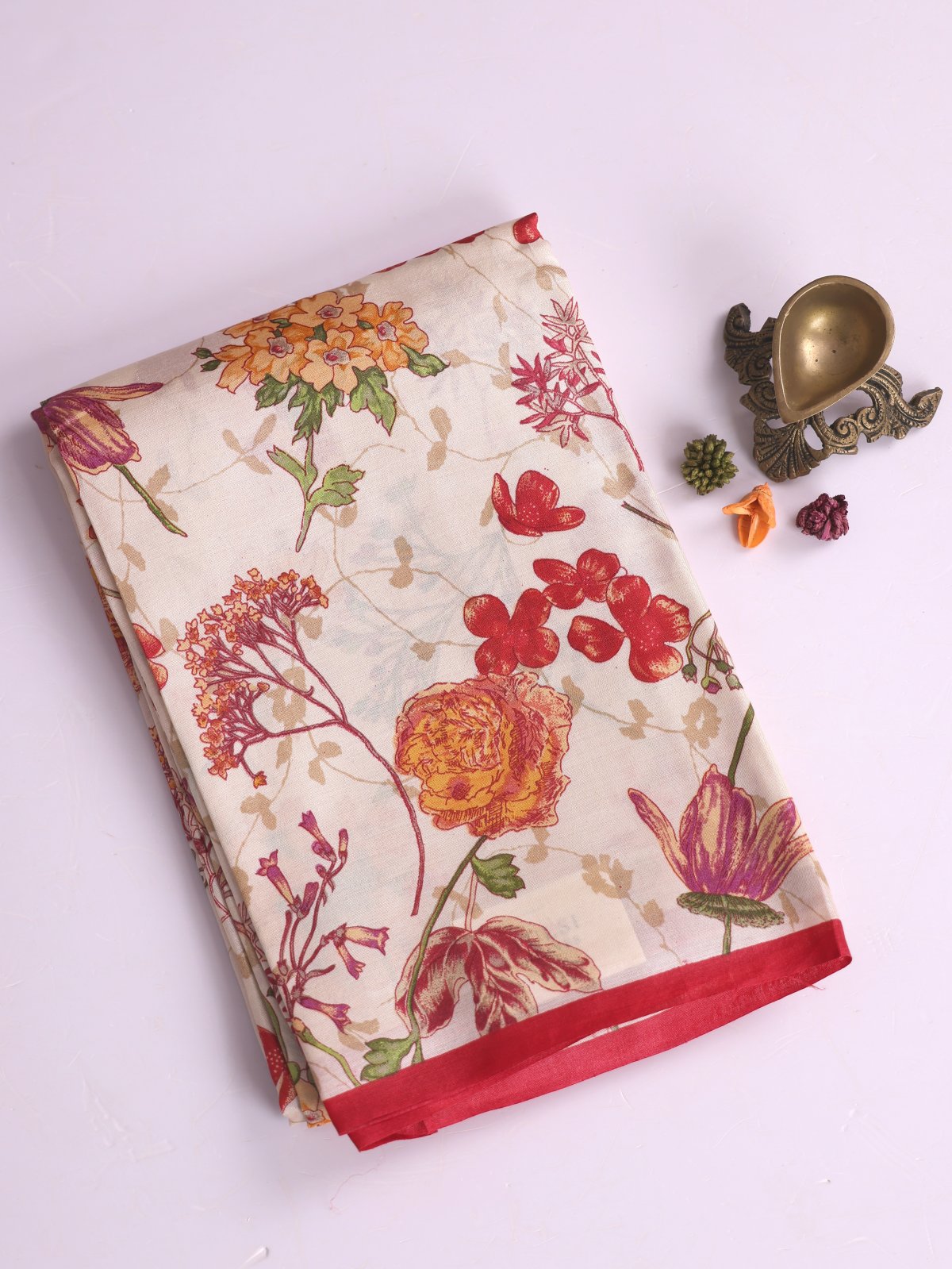 Cream Printed Tussar Silk Saree