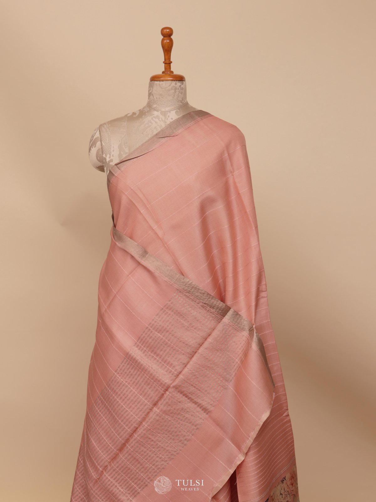 Light Pink Printed Tussar Silk Saree