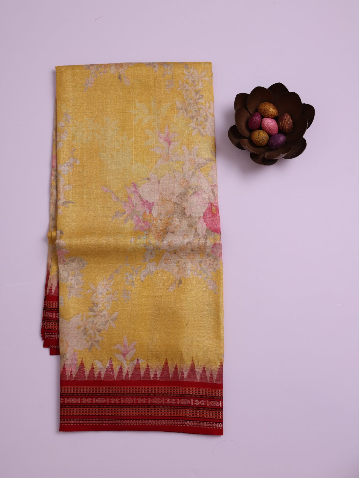 Yellow Printed Tussar Silk Saree with Red Vidarbha Border