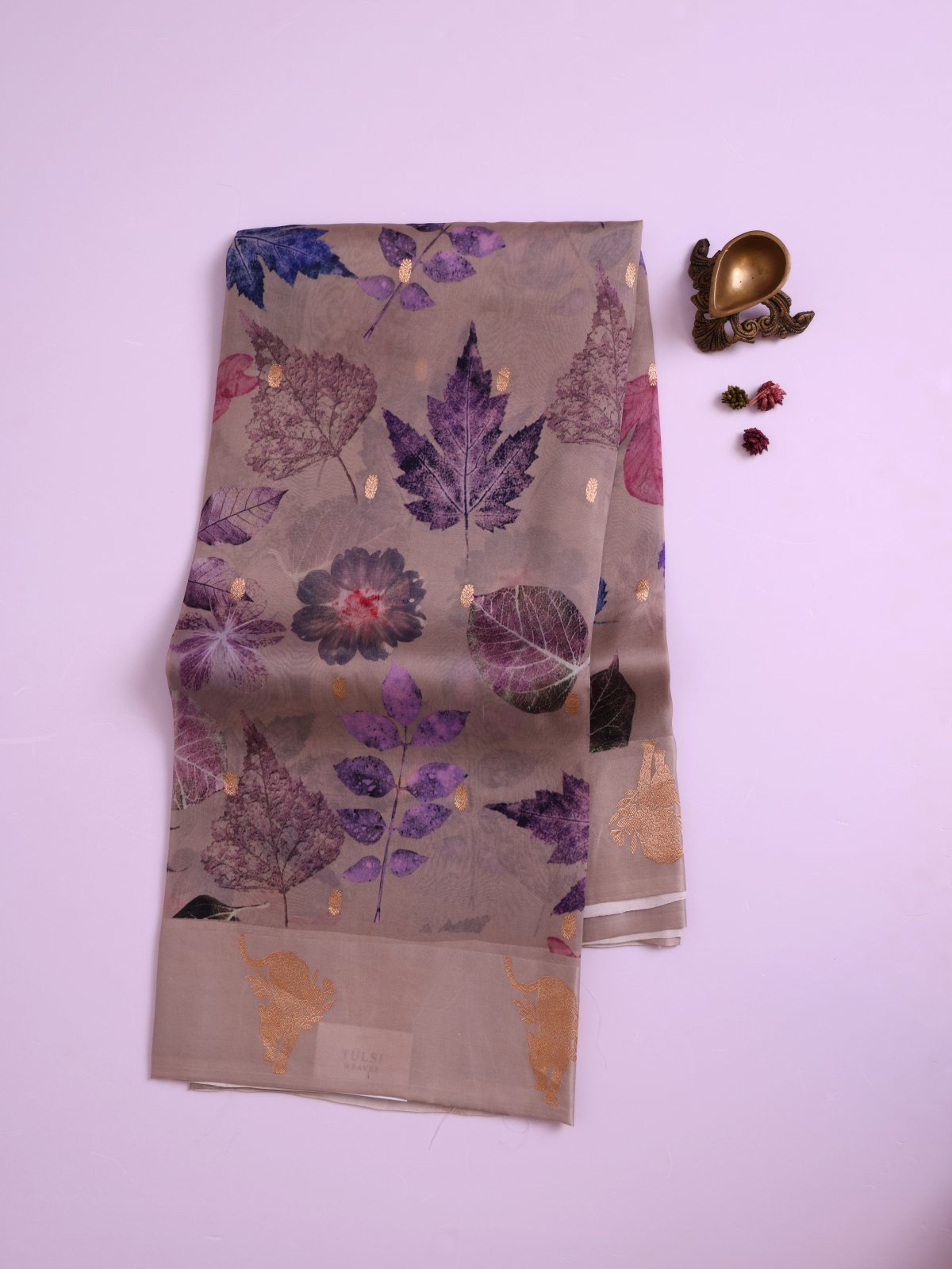 Greige Printed Organza Silk Saree with Self Satin Border