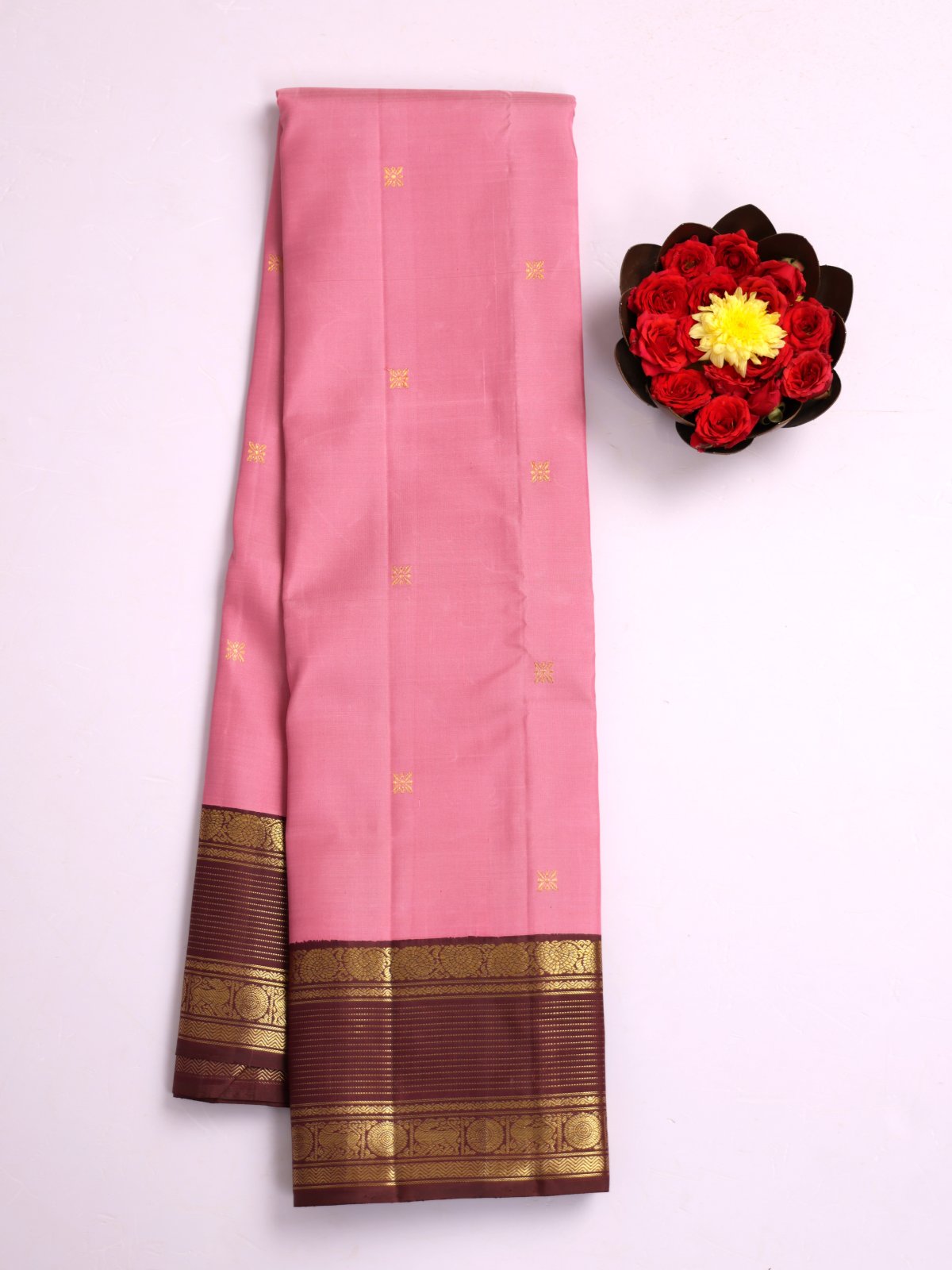 Pink Kanjeevaram Silk Saree With Brown Zari Border