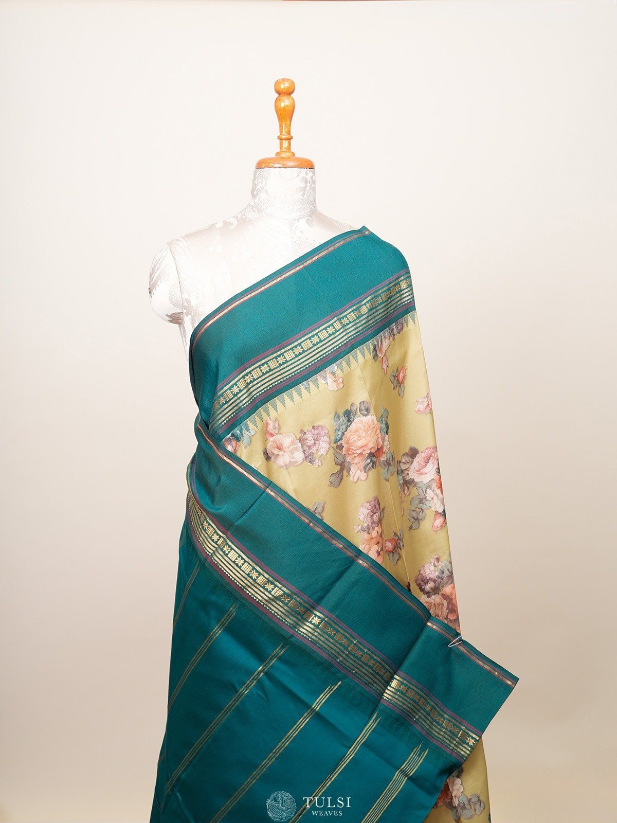 Yellowish Green Printed Kanjeevaram Silk Saree