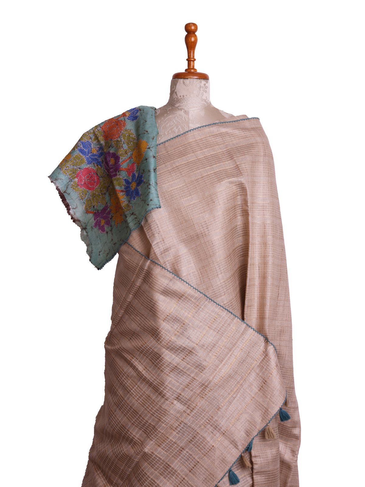 Beige Tussar Silk Saree With Teal Blue Embroidered Blouse 