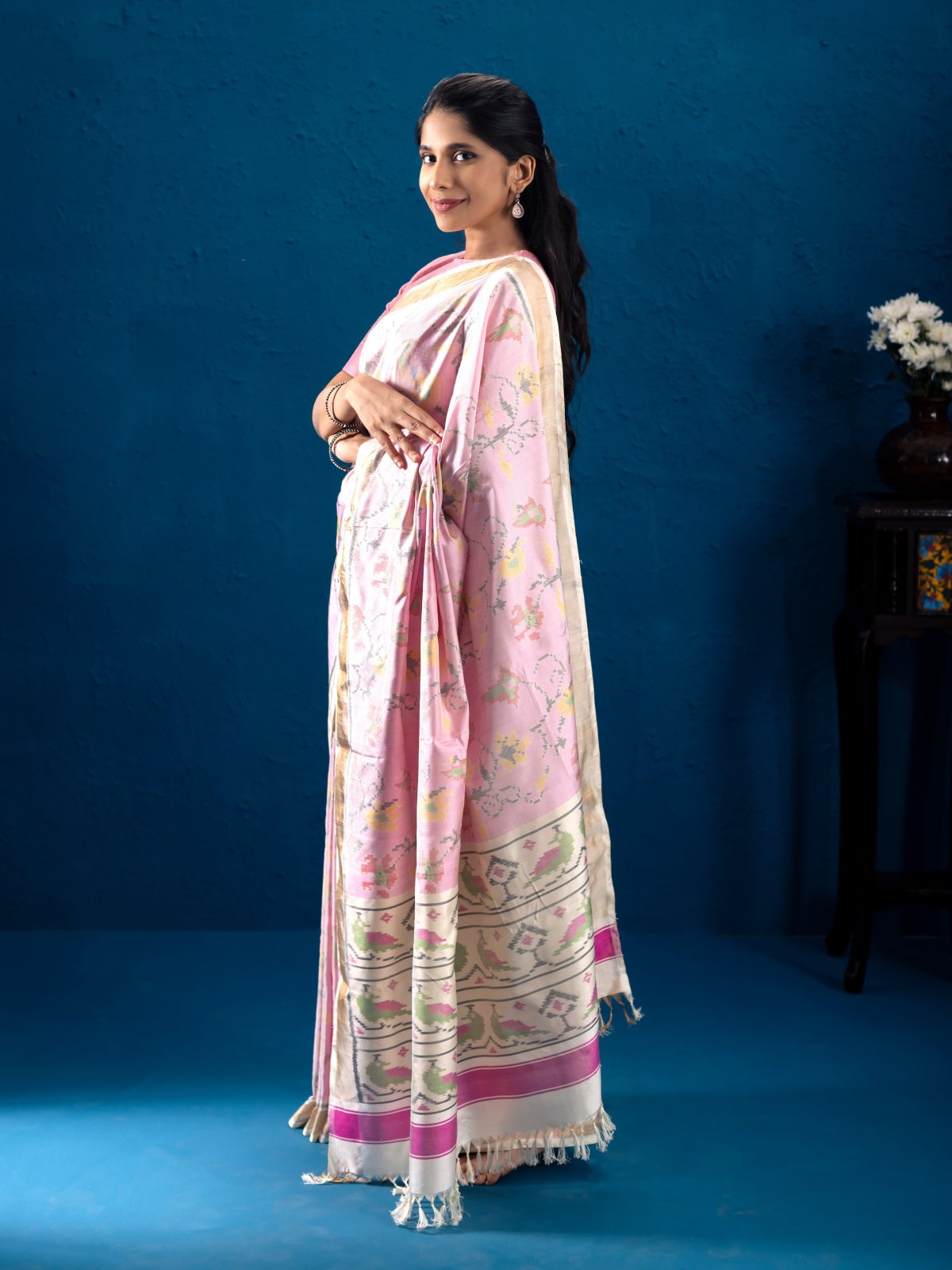 Light Pink Patola Silk Saree with Off-white Border