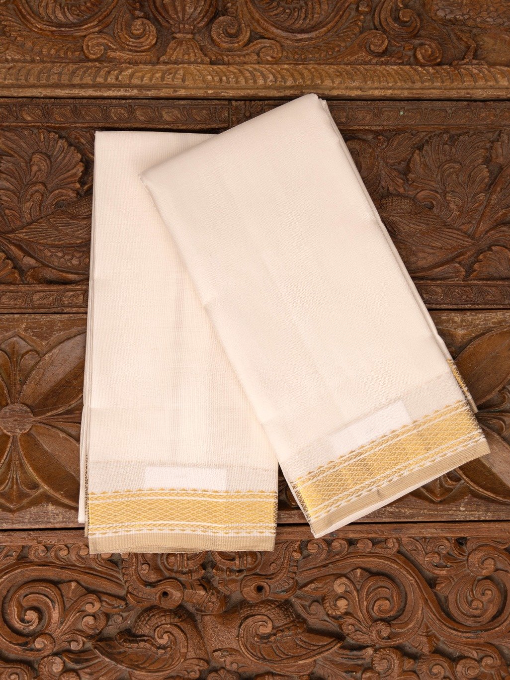 White Silk Dhoti and Vasthram With Gold Self Zari Border