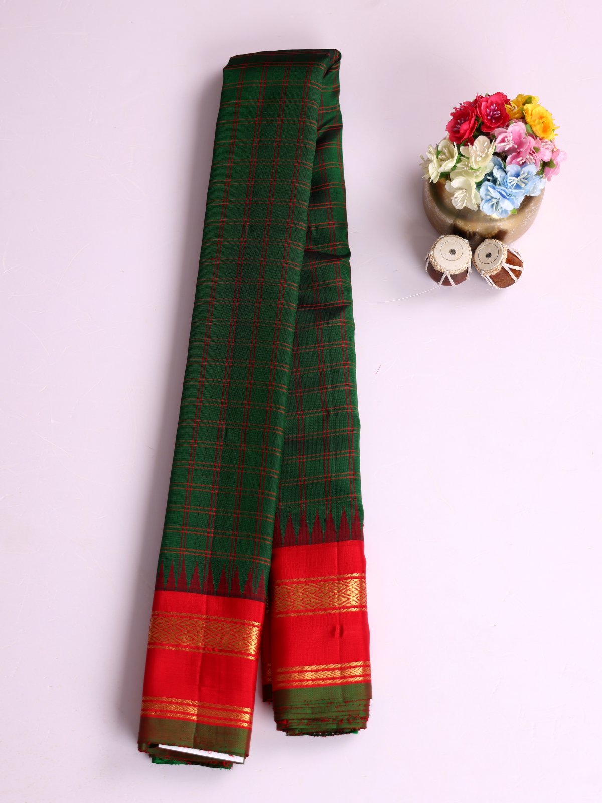 Bottle Green Checked Gadwal Silk Saree With Red Border