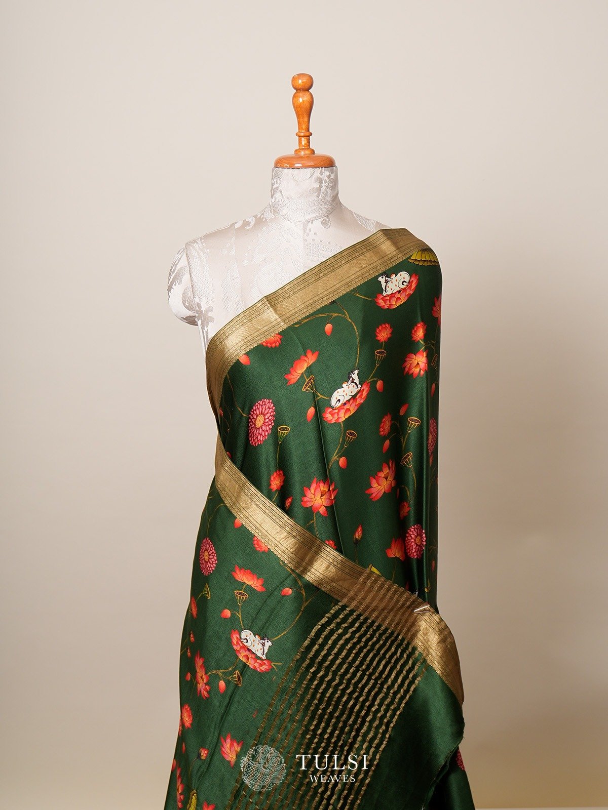 Green Gaji Silk Saree With Pichhwai Print Design