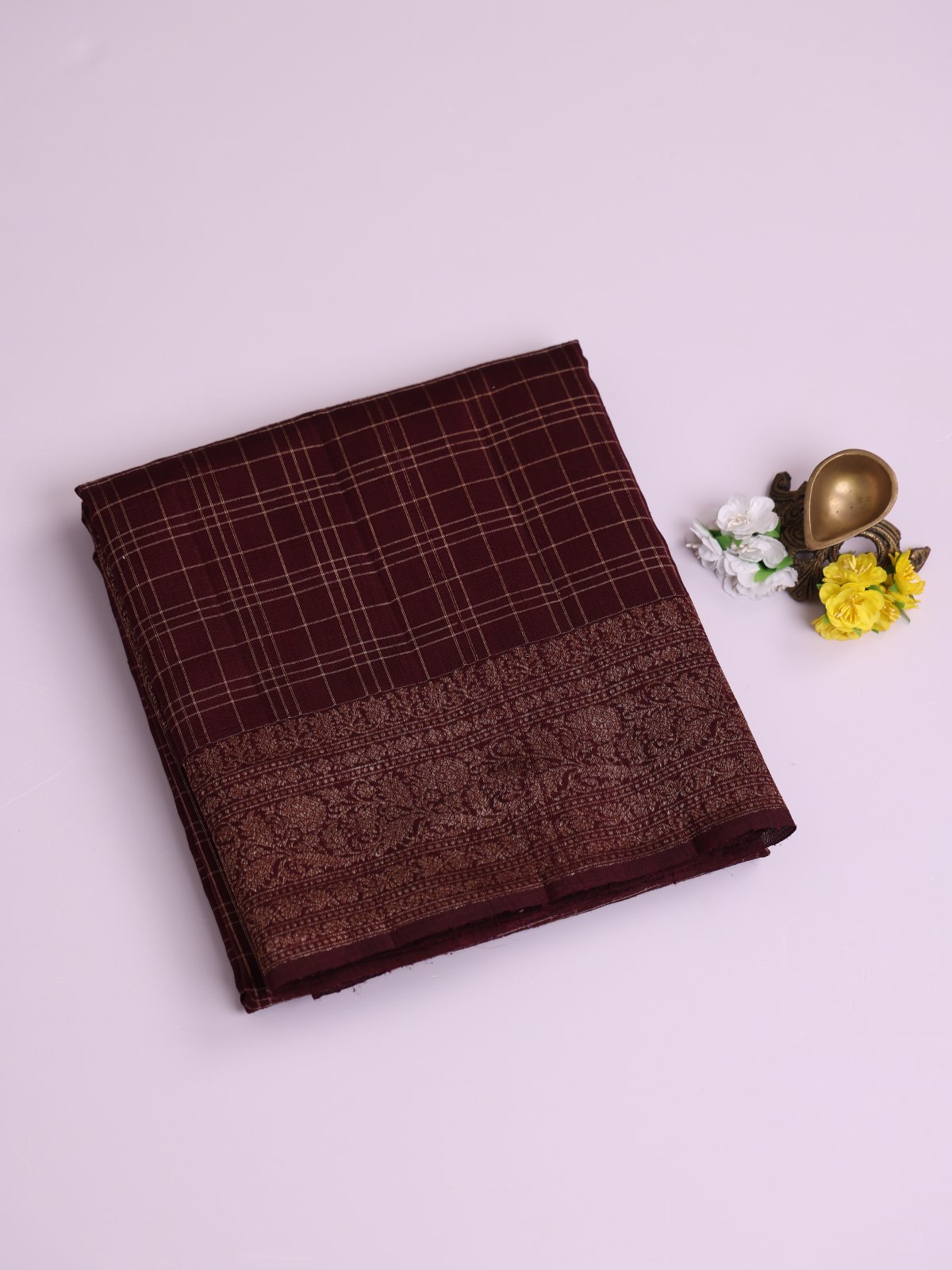Brown Checked Banaras Tussar  Silk Saree 