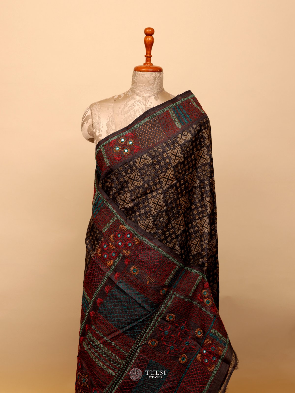 Brown Tussar Silk Saree With Kantha Embroidery