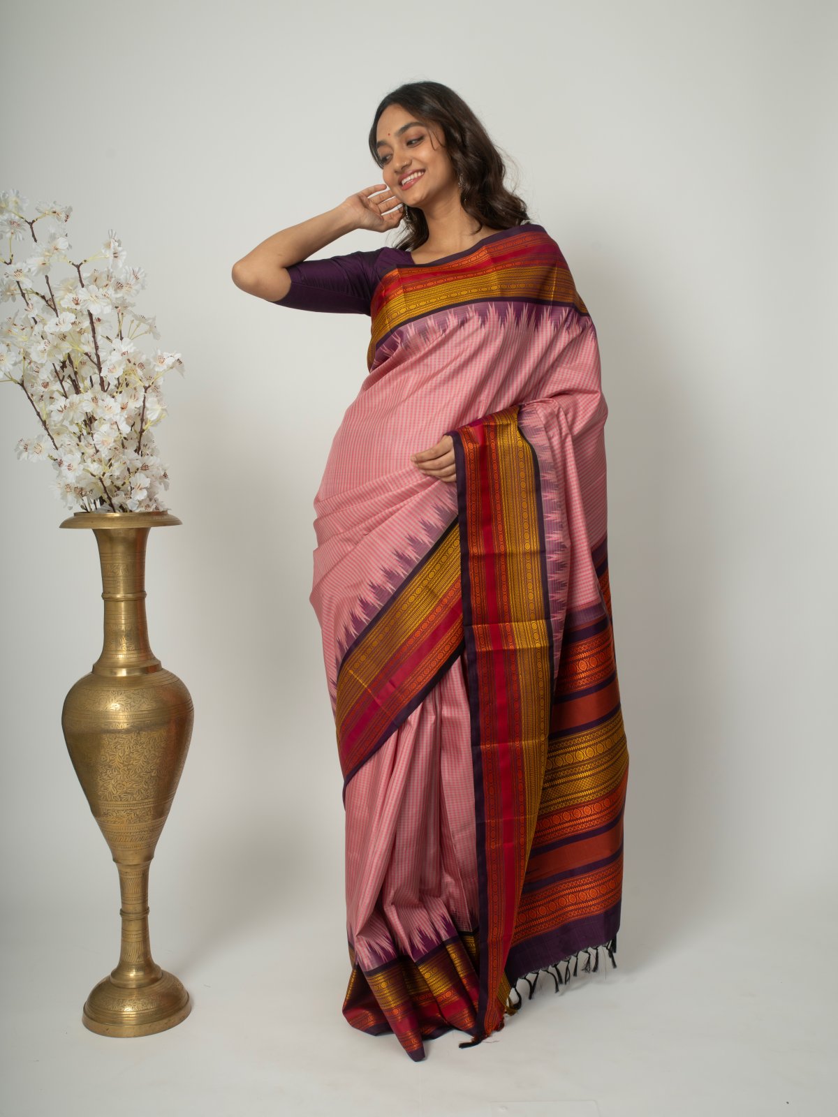 Pink Checkered Kanjeevaram Silk Saree
