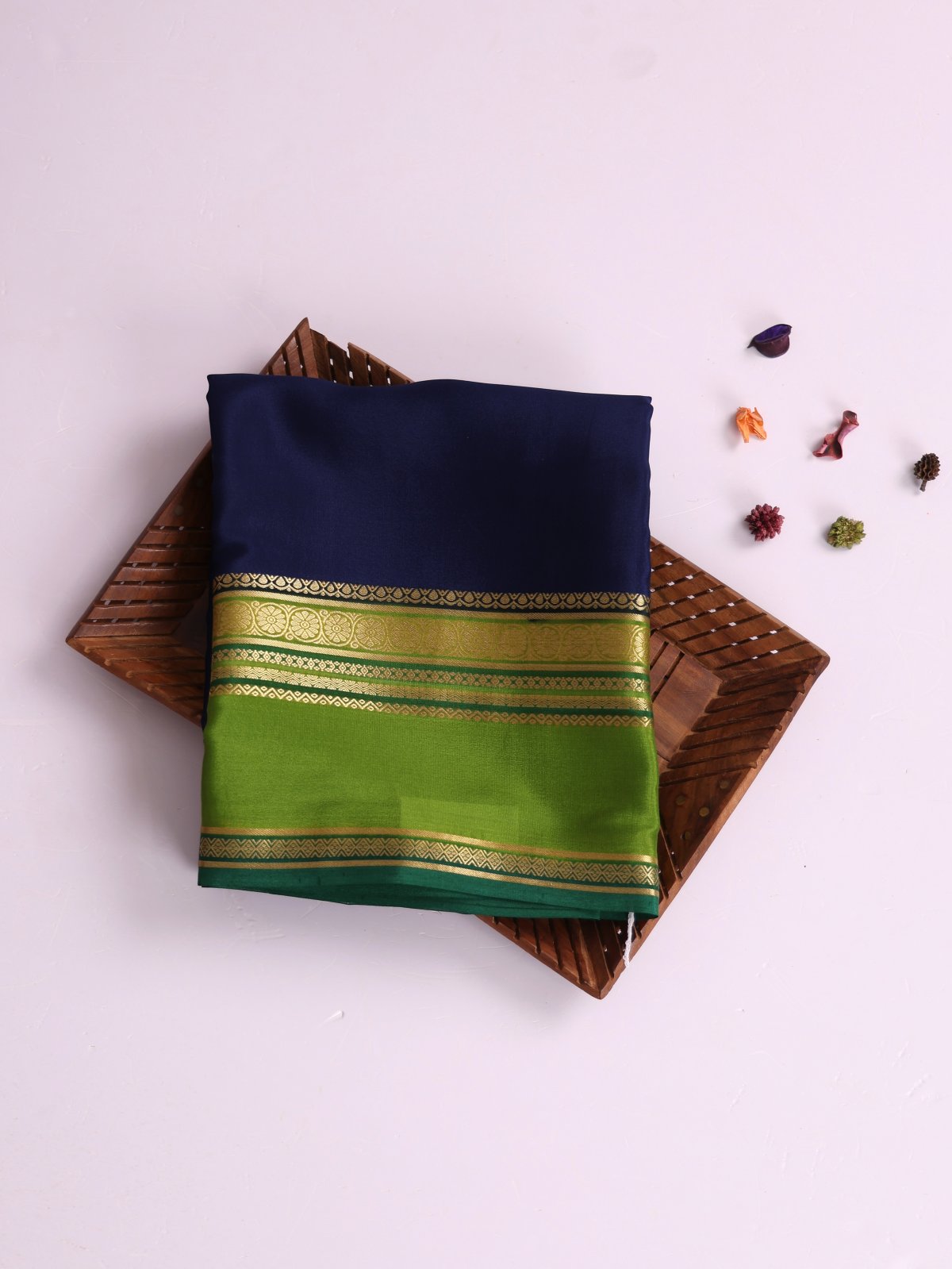 Navy Blue Mysore Silk Saree With Parrot Green Satin Border