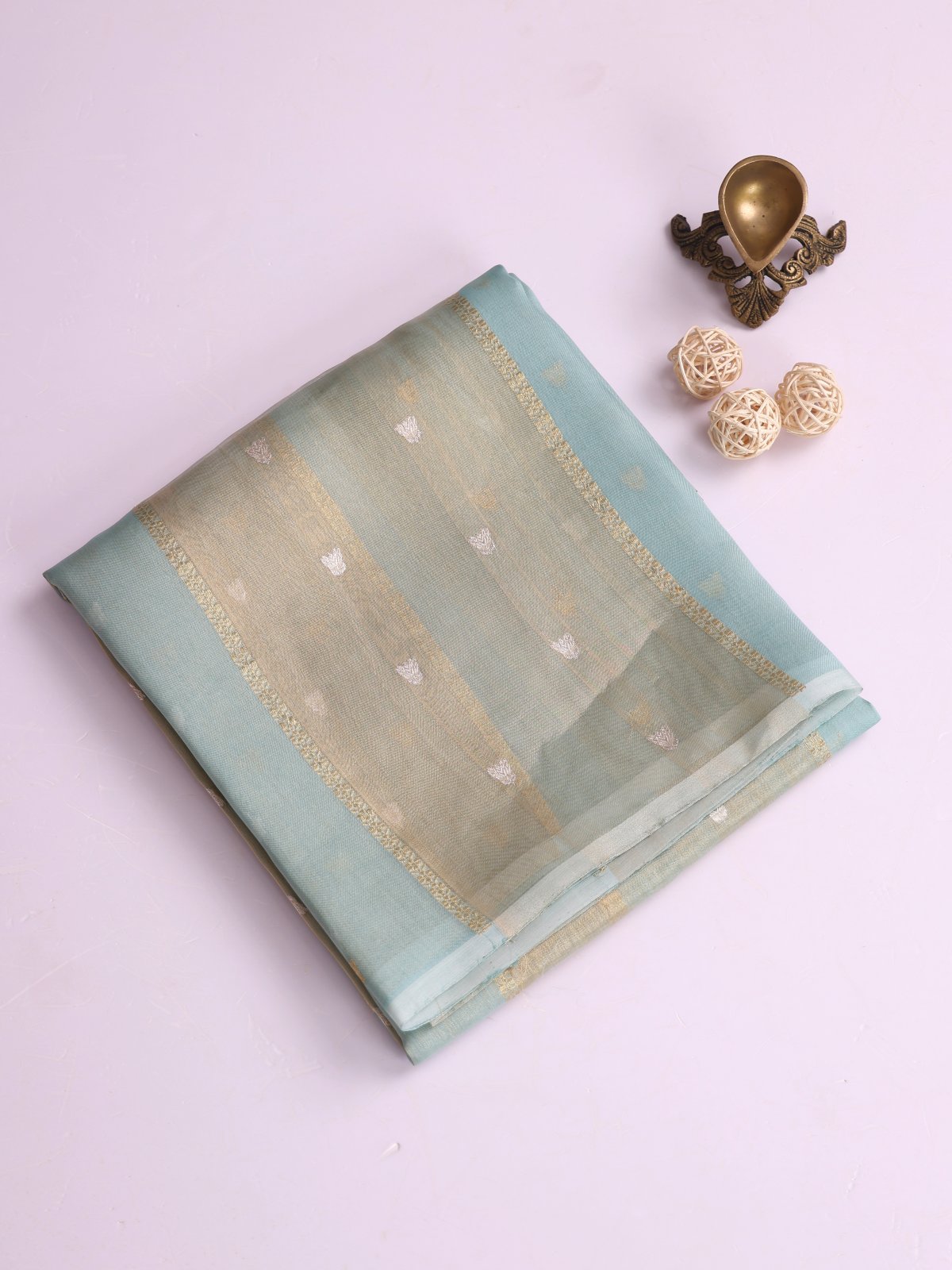 Light Blue Zari Striped Tissue Organza Silk Saree