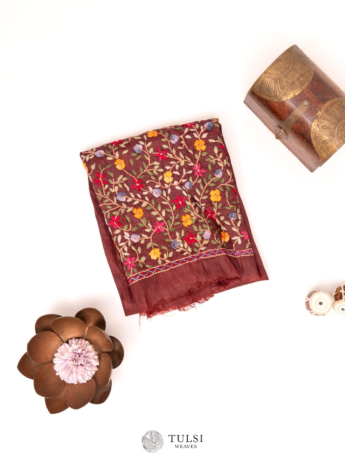 Deep Brown Tussar Silk Blouse with Floral Embroidery