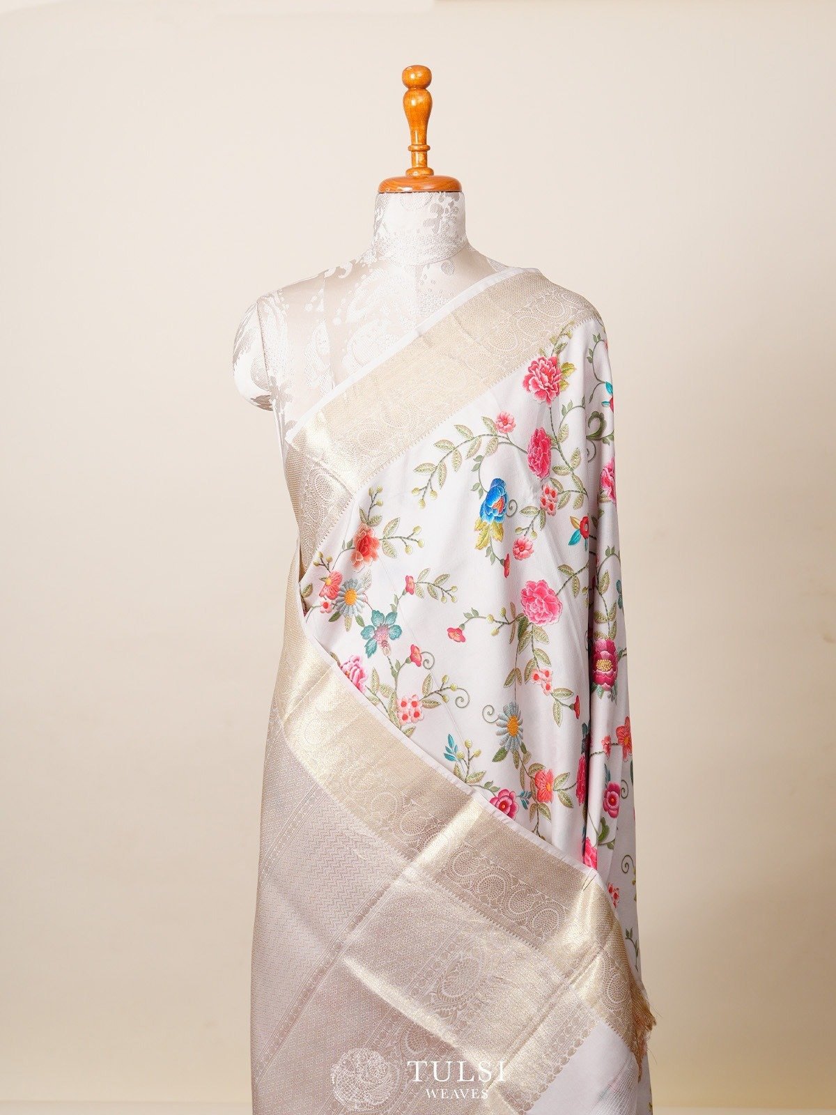 White Printed Kanjeevaram Silk Saree with Rettapett Border