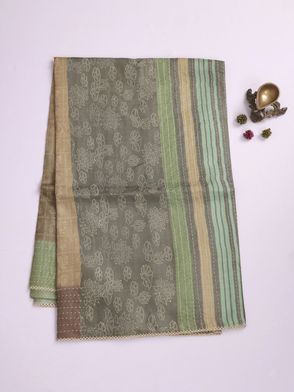 Multi Color Printed Tussar Silk Saree With Kantha Embroidery