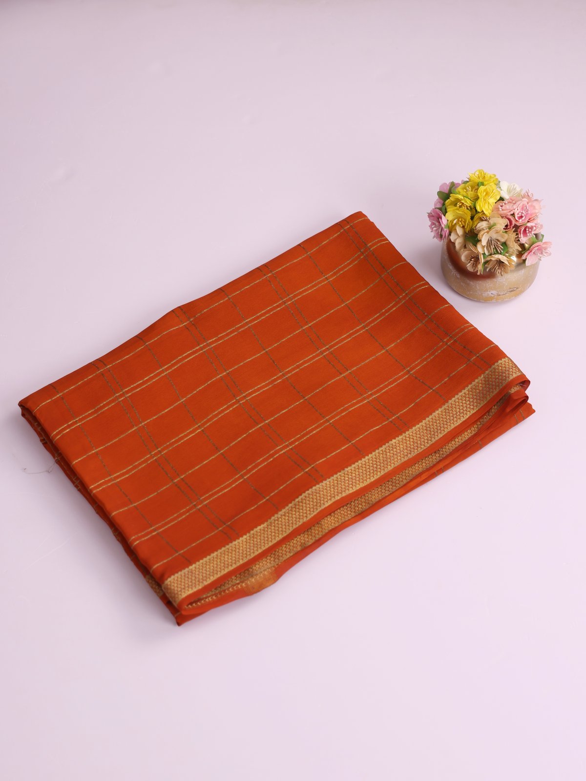 Burnt Orange Checked Mysore Crepe Silk Saree With Kalamkari Blouse And Pallu