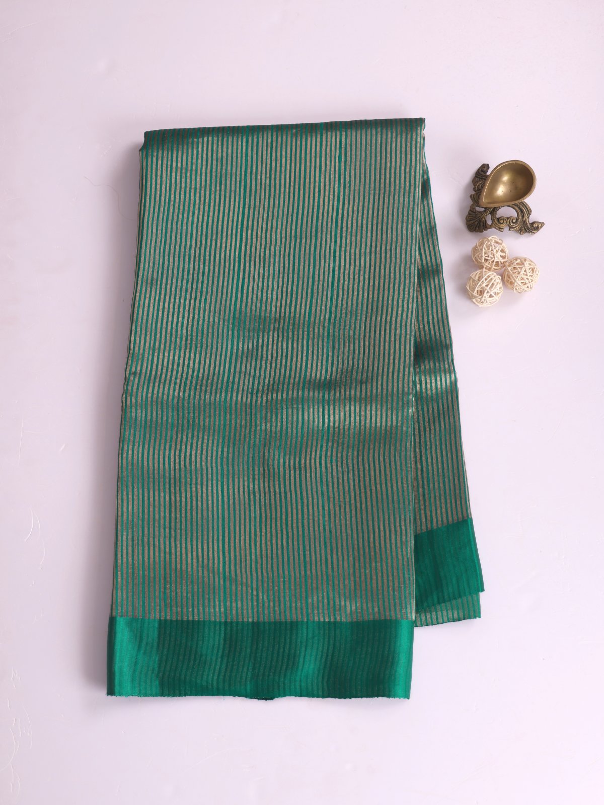 Dark Green Zari Striped Organza Silk Saree With Satin Border