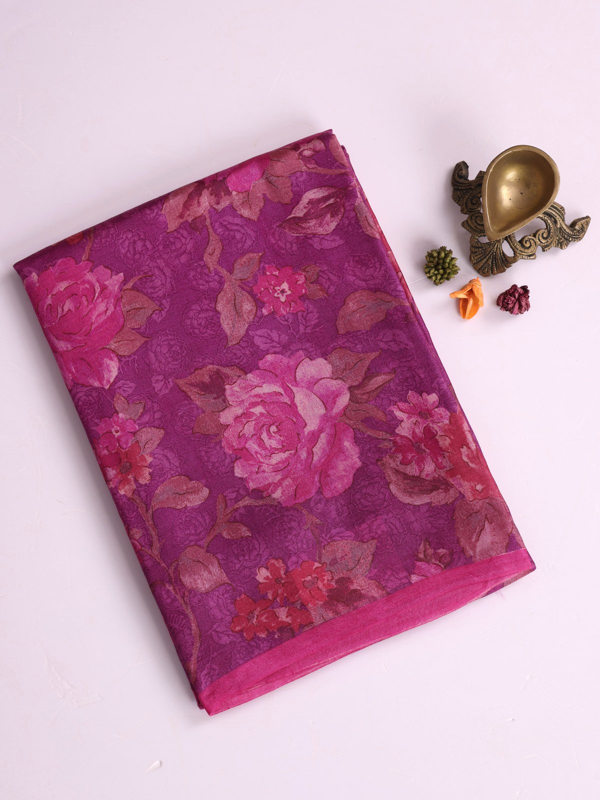Purple Printed Tussar Silk Saree