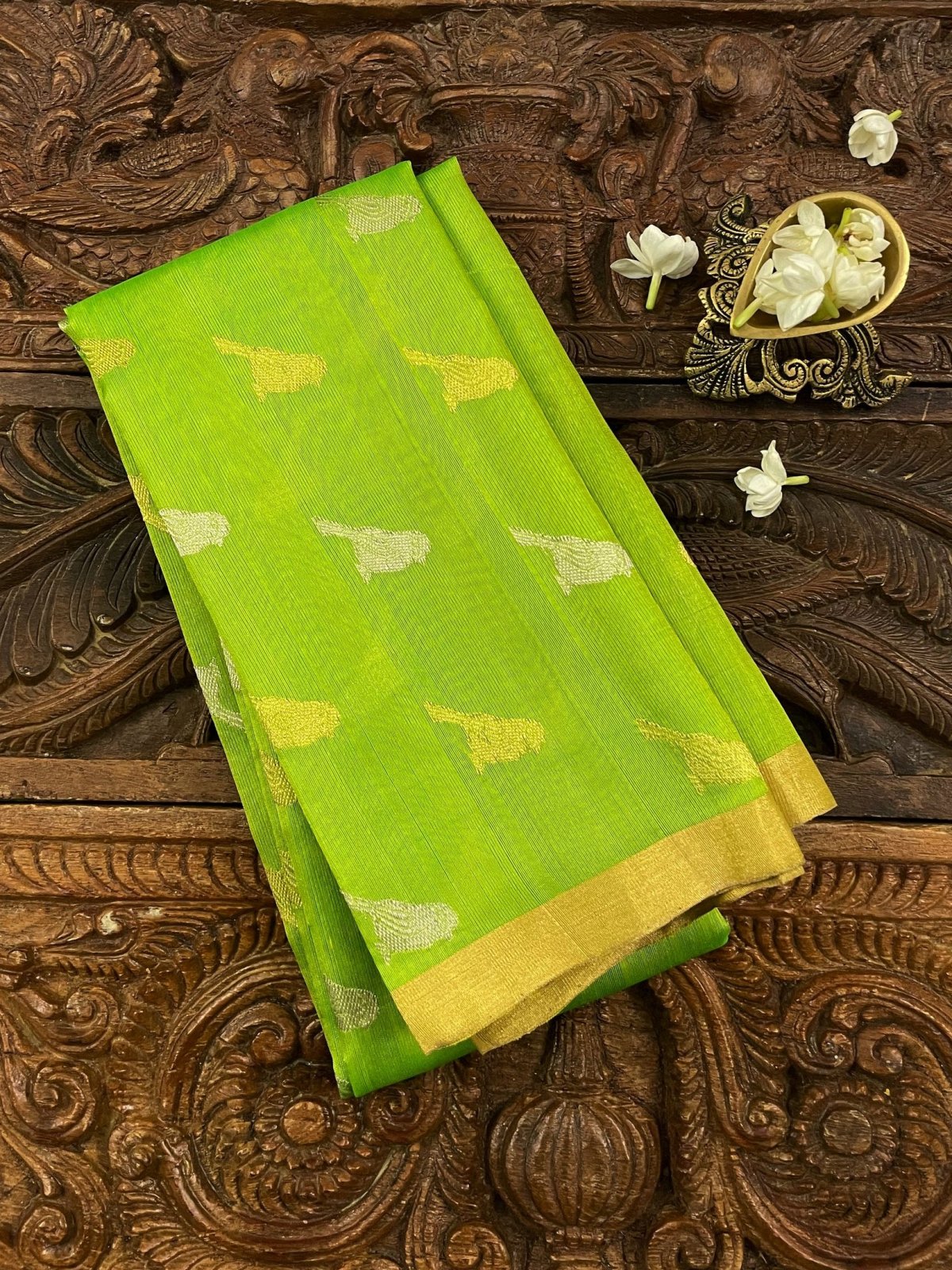 Parrot Green Chanderi Silk Blouse With Gold and Silver Zari Motifs