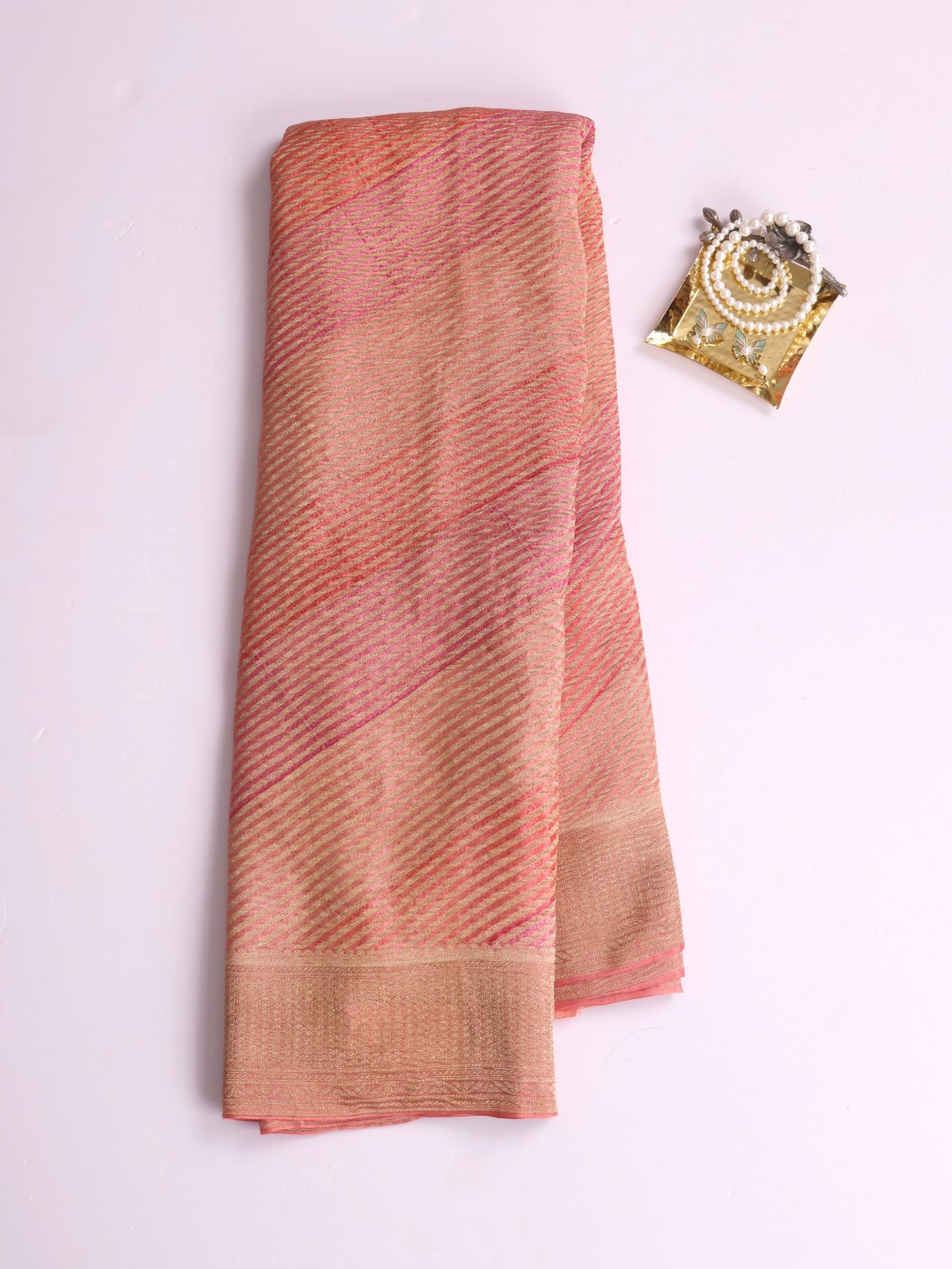 Tri Color Peach Georgette Silk Saree