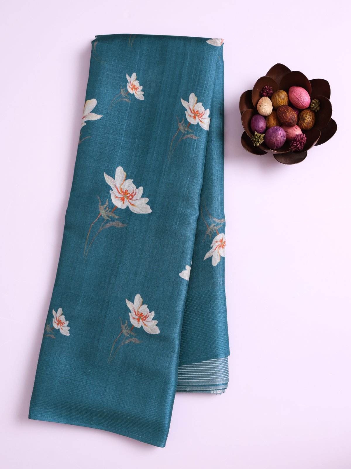 Sea Blue Printed Tussar Silk Saree